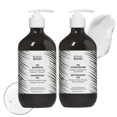 BondiBoost HG anti-thinning shampoo bottle promotes fuller-looking hair.