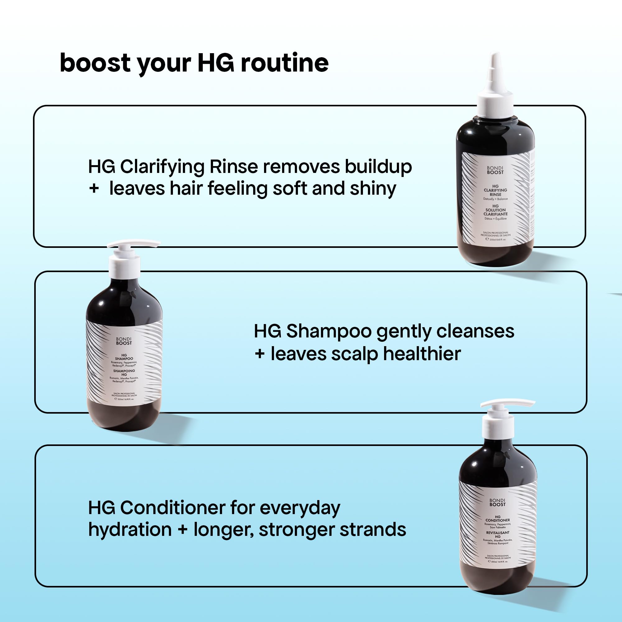 BondiBoost HG Clarifying Rinse packaging emphasizes cruelty-free, Australian-made care.