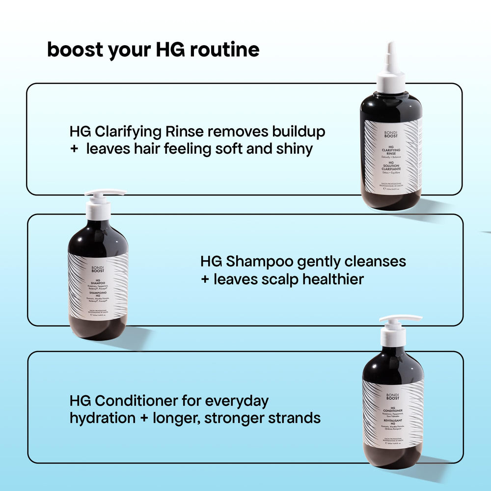 BondiBoost HG Clarifying Rinse packaging emphasizes cruelty-free, Australian-made care.