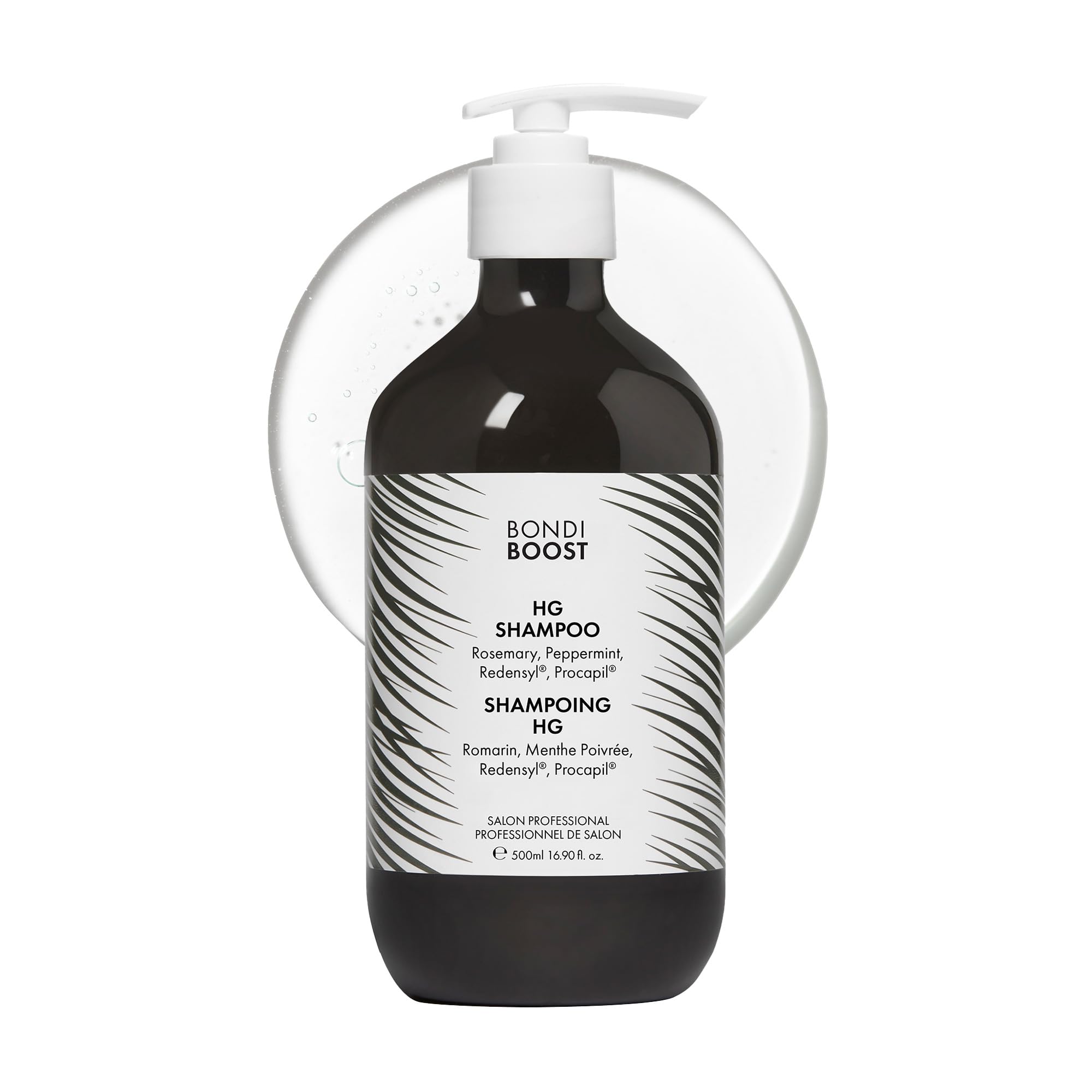 BondiBoost HG shampoo bottle shows sulfate-free formula for fuller-looking hair.