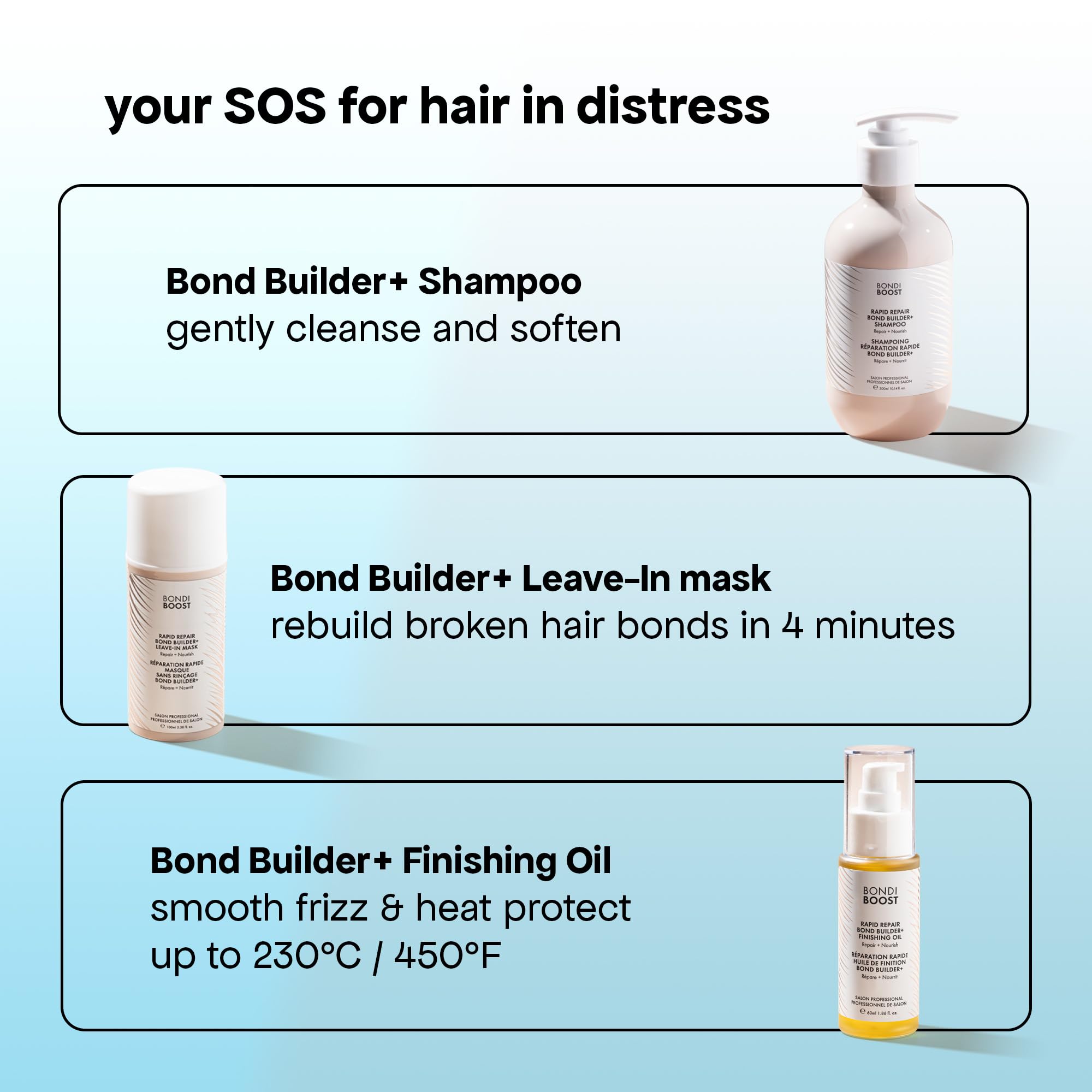 Hair being heat styled with BondiBoost oil offering protection up to 450°F.