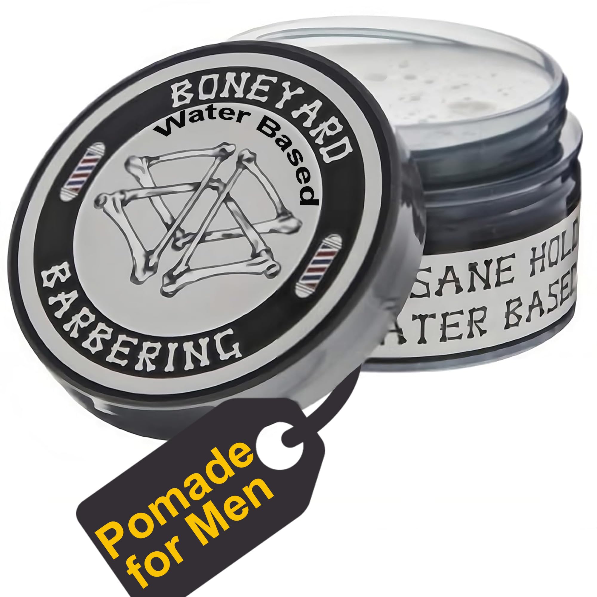 Boneyard Barbering Matte Pomade tub close-up showing packaging and texture for all hair types.