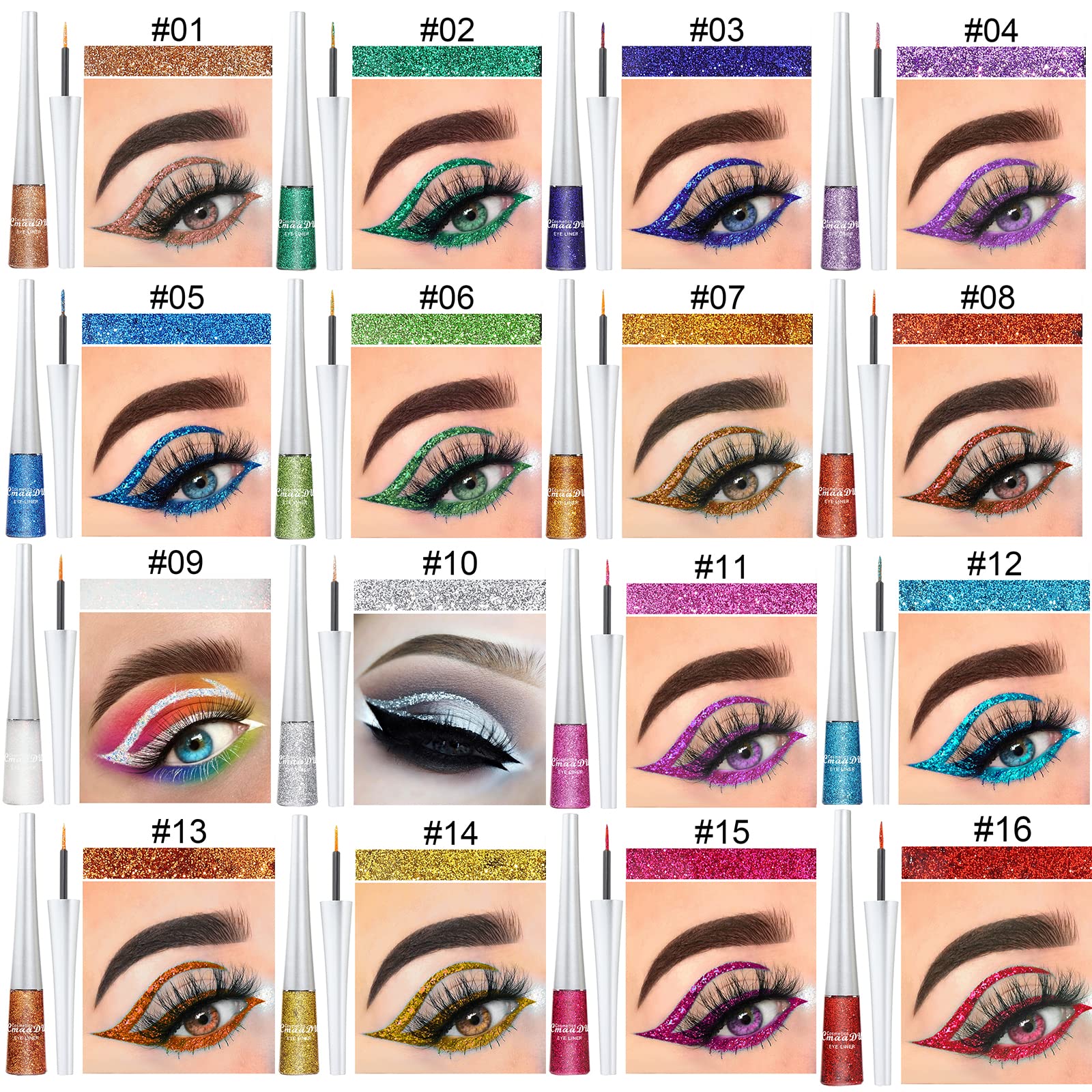 BONNIE CHOICE swatches displaying versatile glitter shades for day and night makeup.
