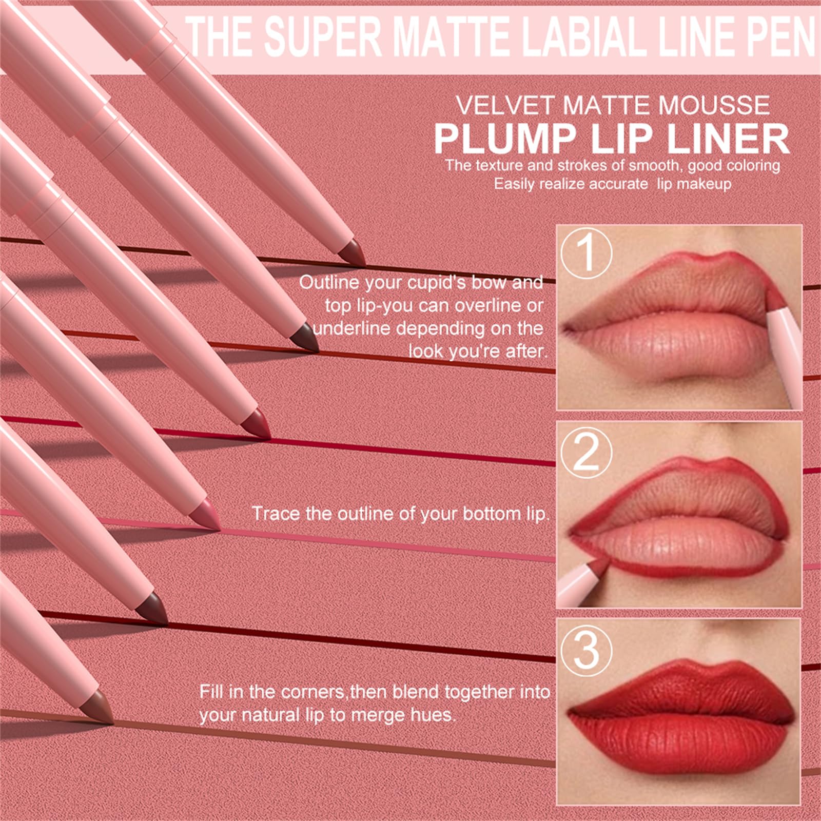 BONNIE CHOICE lip liner application steps enable quick, crease-free outlining.