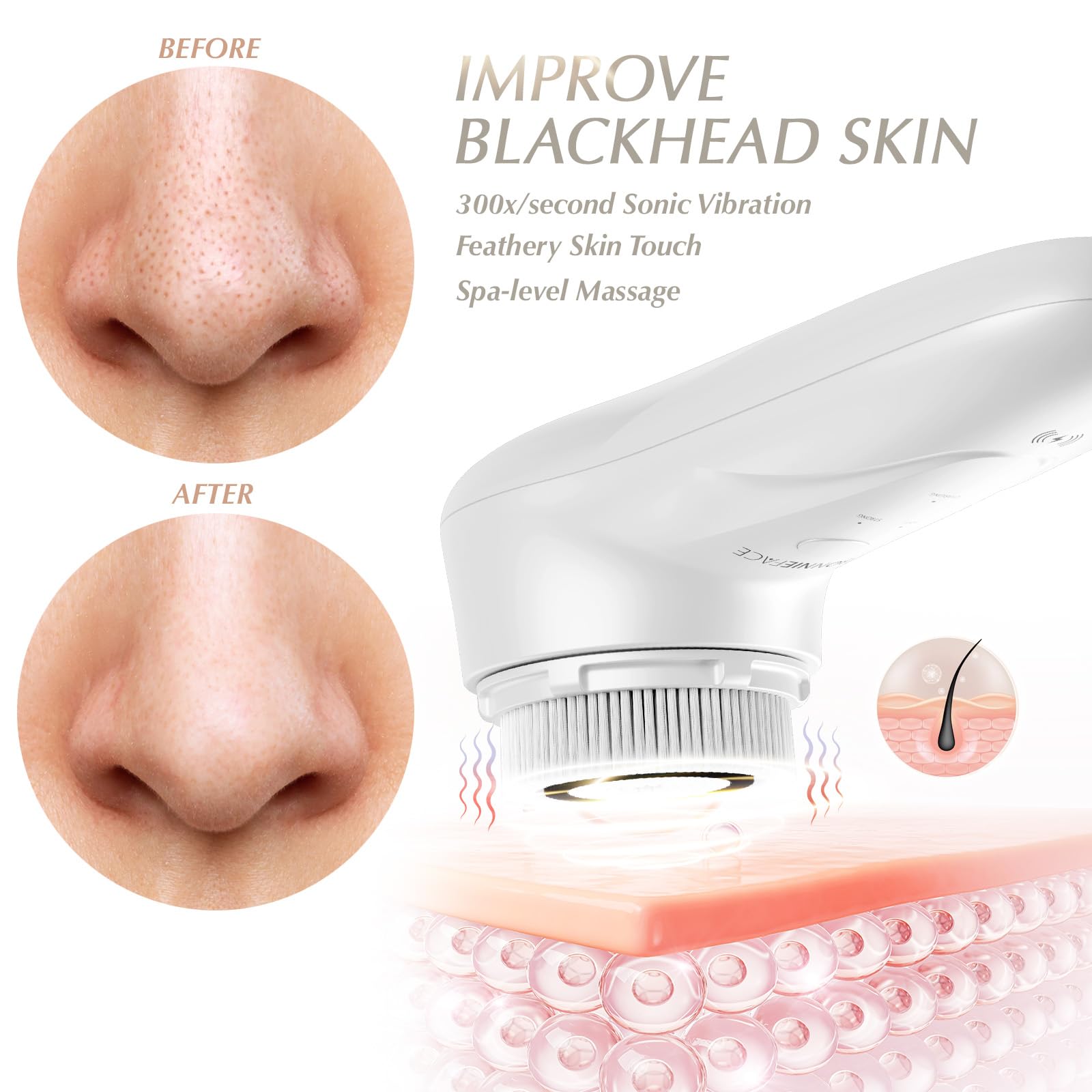 BONNIEFACE soft-bristle head close-up for gentle cleansing on sensitive skin