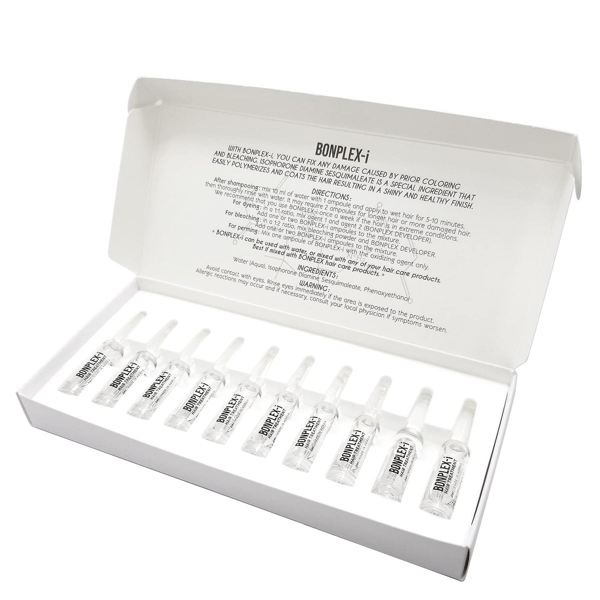 BONPLEX-i ampoule treatment bottle closeup showing premium packaging and hair repair potential.