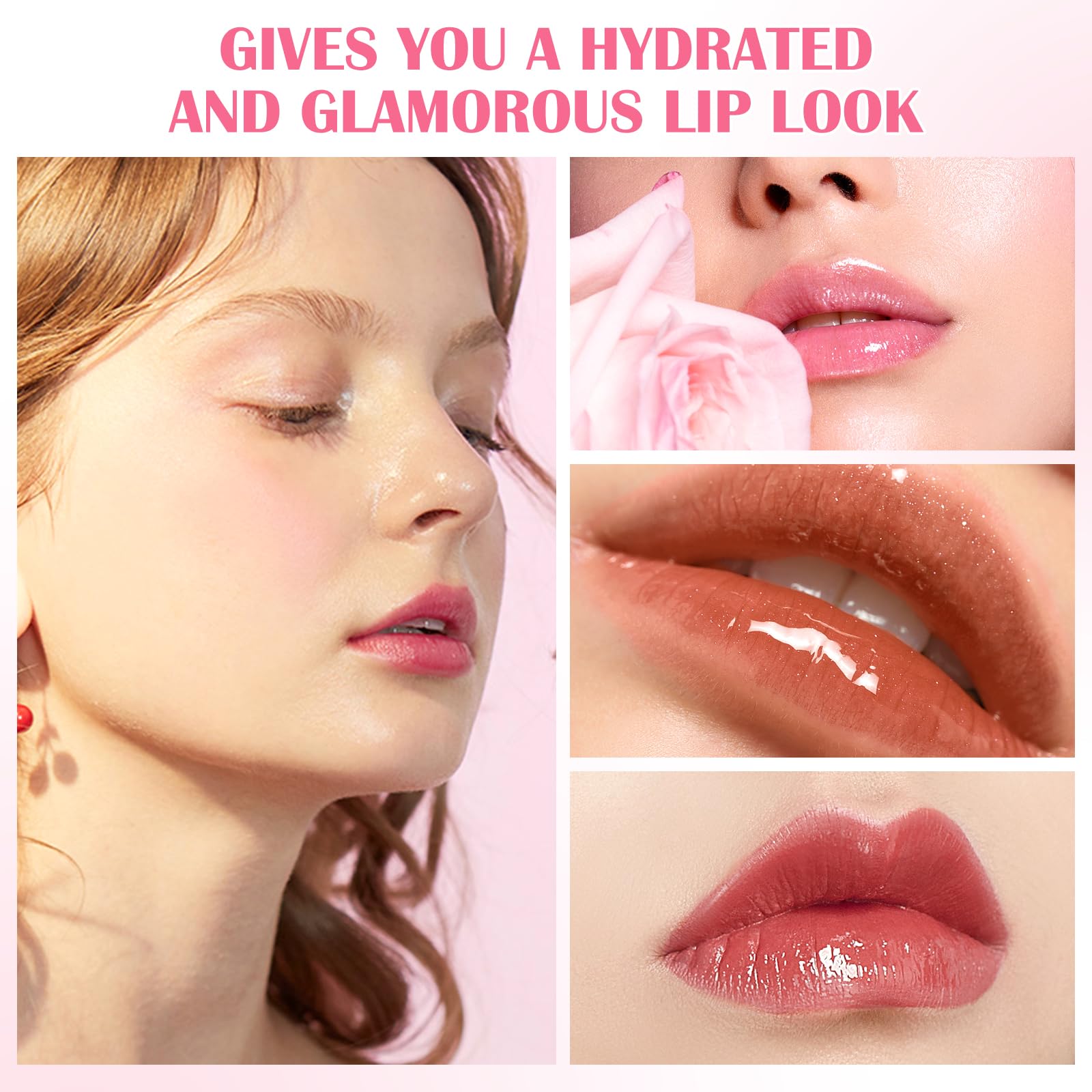 Boobeen lip gloss on lips with high shine and glossy finish.