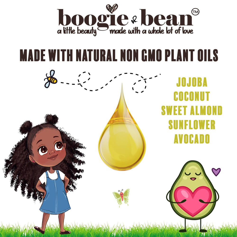 Boogie and Bean Kids Hair Oil applied to child hair for daily hydration.