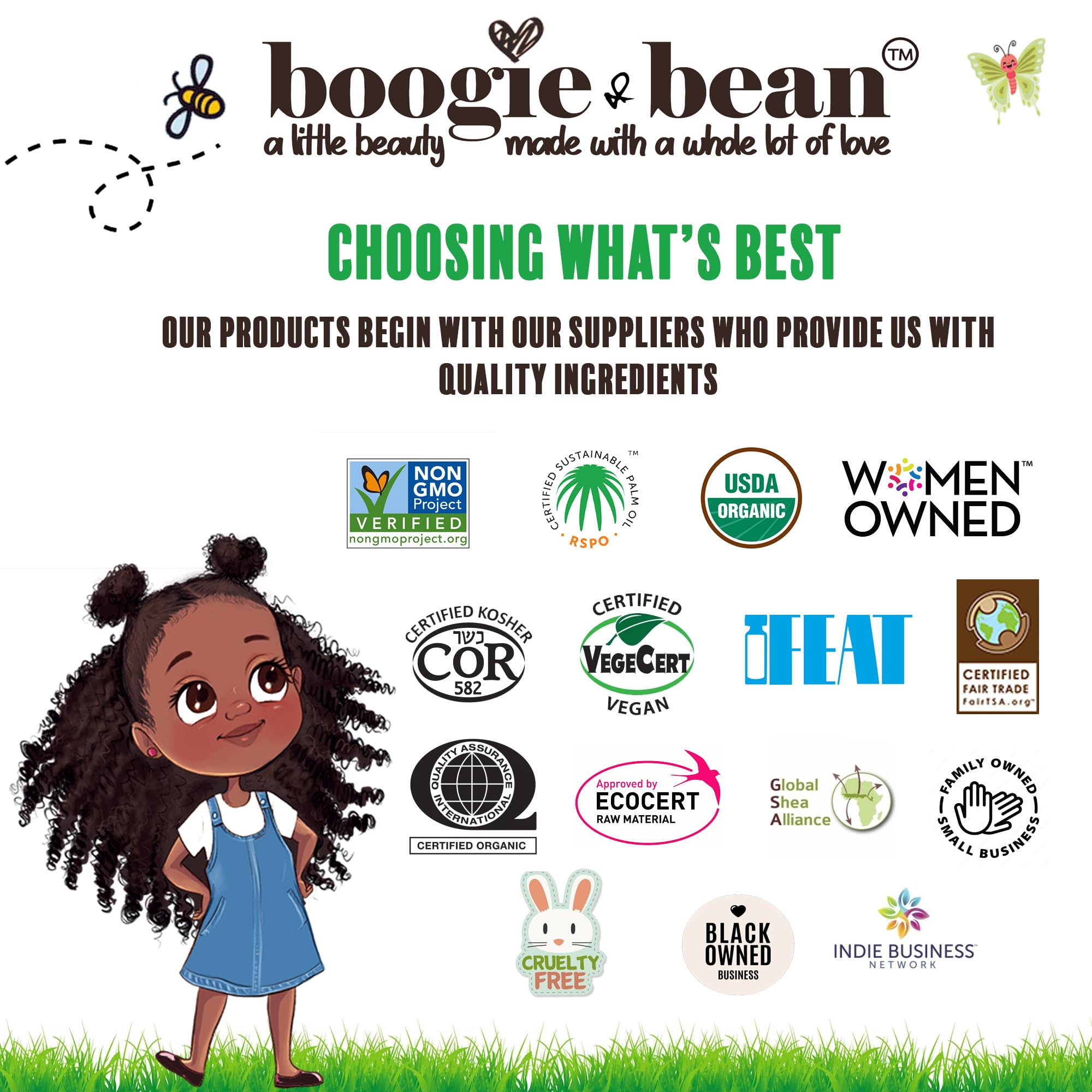Boogie and Bean packaging display conveys USA-made claim.