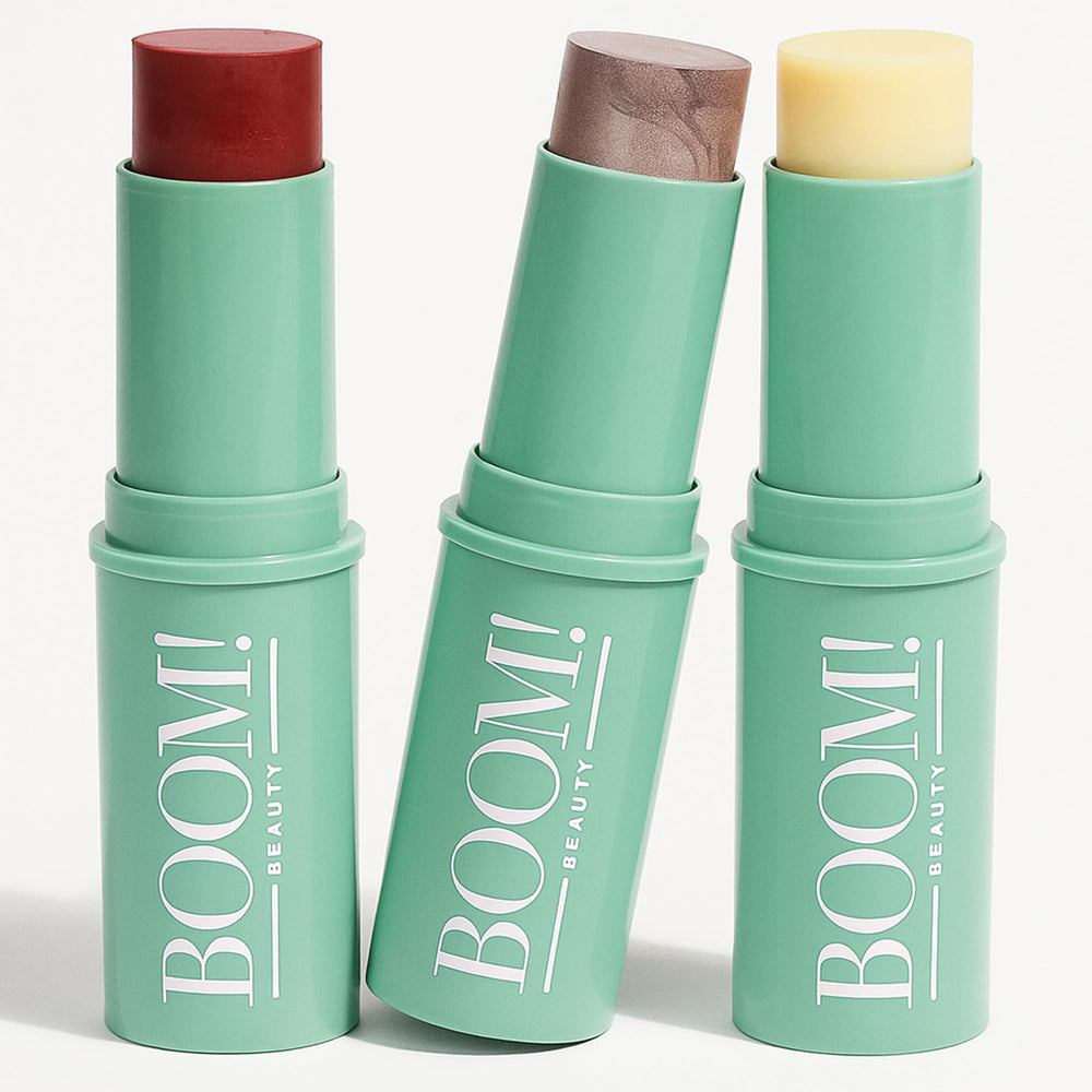 Boom by Cindy Joseph Boomstick Trio Color 3 Pack displayed for cheeks, lips, and glow.