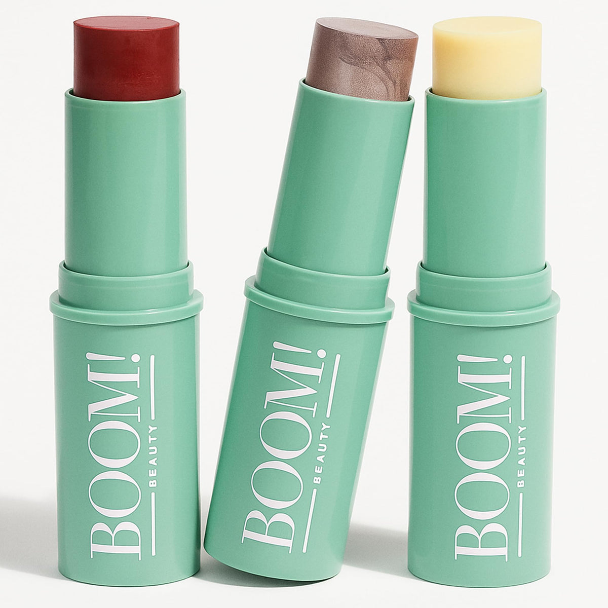 Boom by Cindy Joseph Boomstick Trio Color 3 Pack displayed for cheeks, lips, and glow.