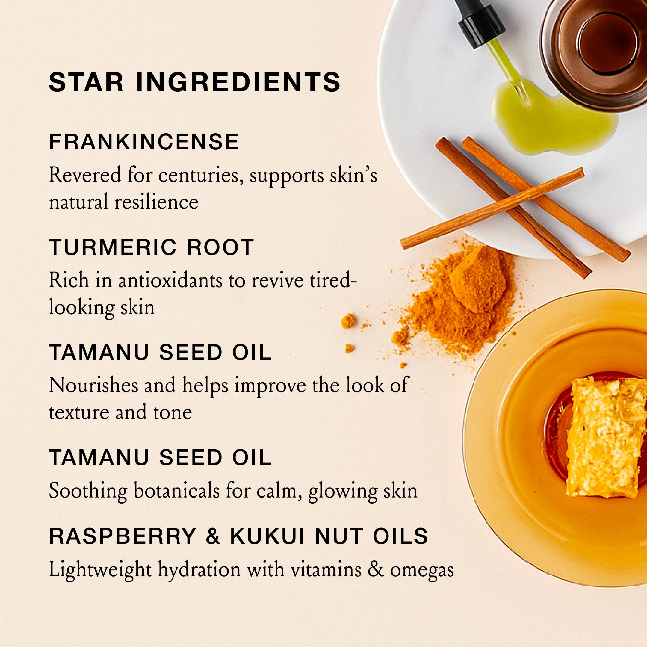 Boom Gold frankincense oil drop signals soothing hydration and even tone.