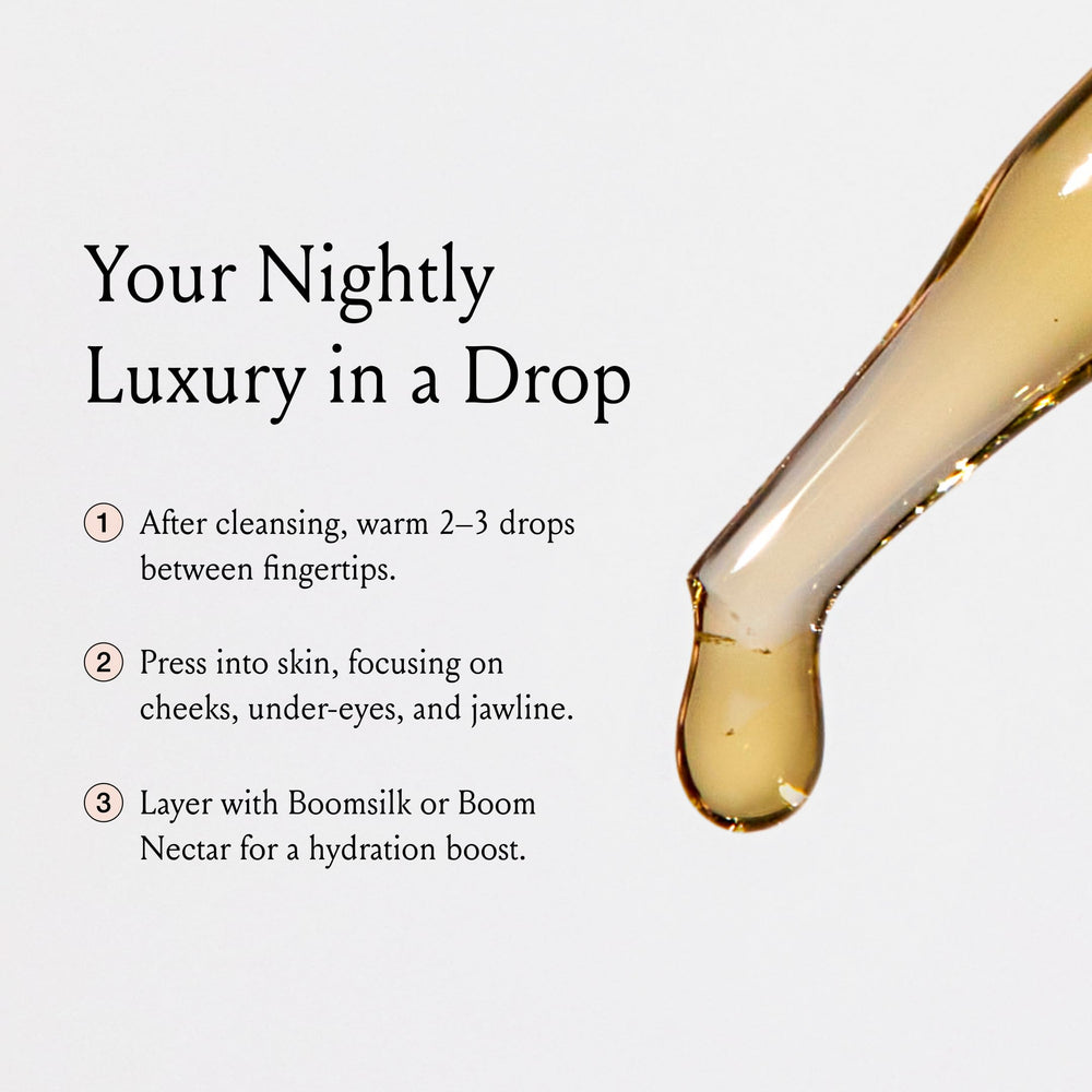Boom Gold raw honey drop communicates humectant moisture and glow-enhancing feel.
