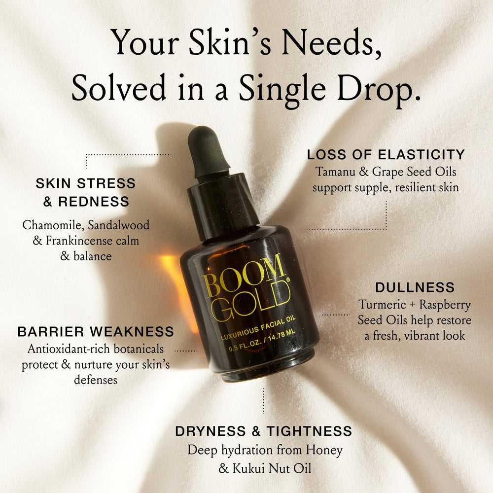 Boom Gold tamanu seed oil drop showcases improved texture and elasticity.