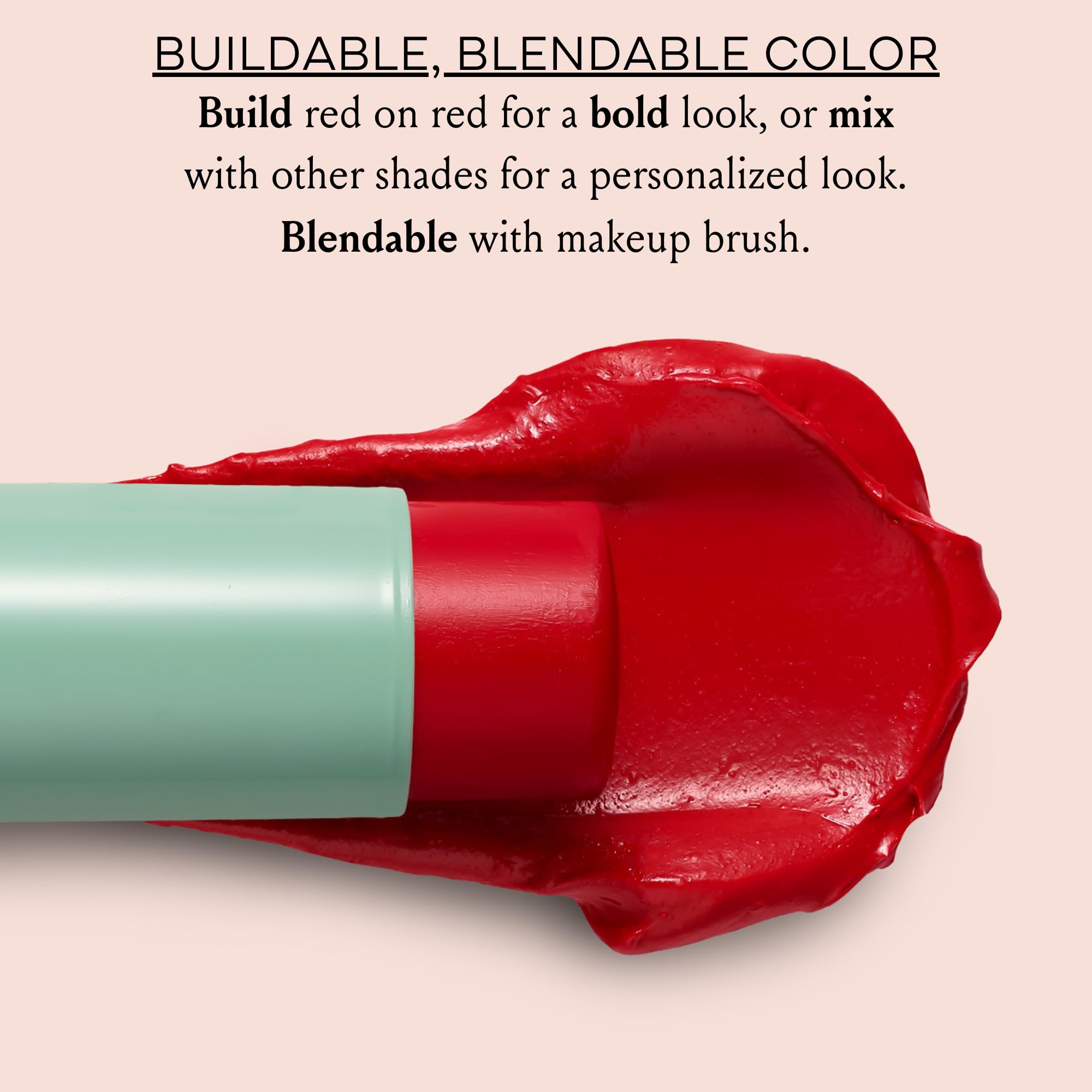 BOOM! Parisian Red swirls into cheeks for buildable, radiant color.