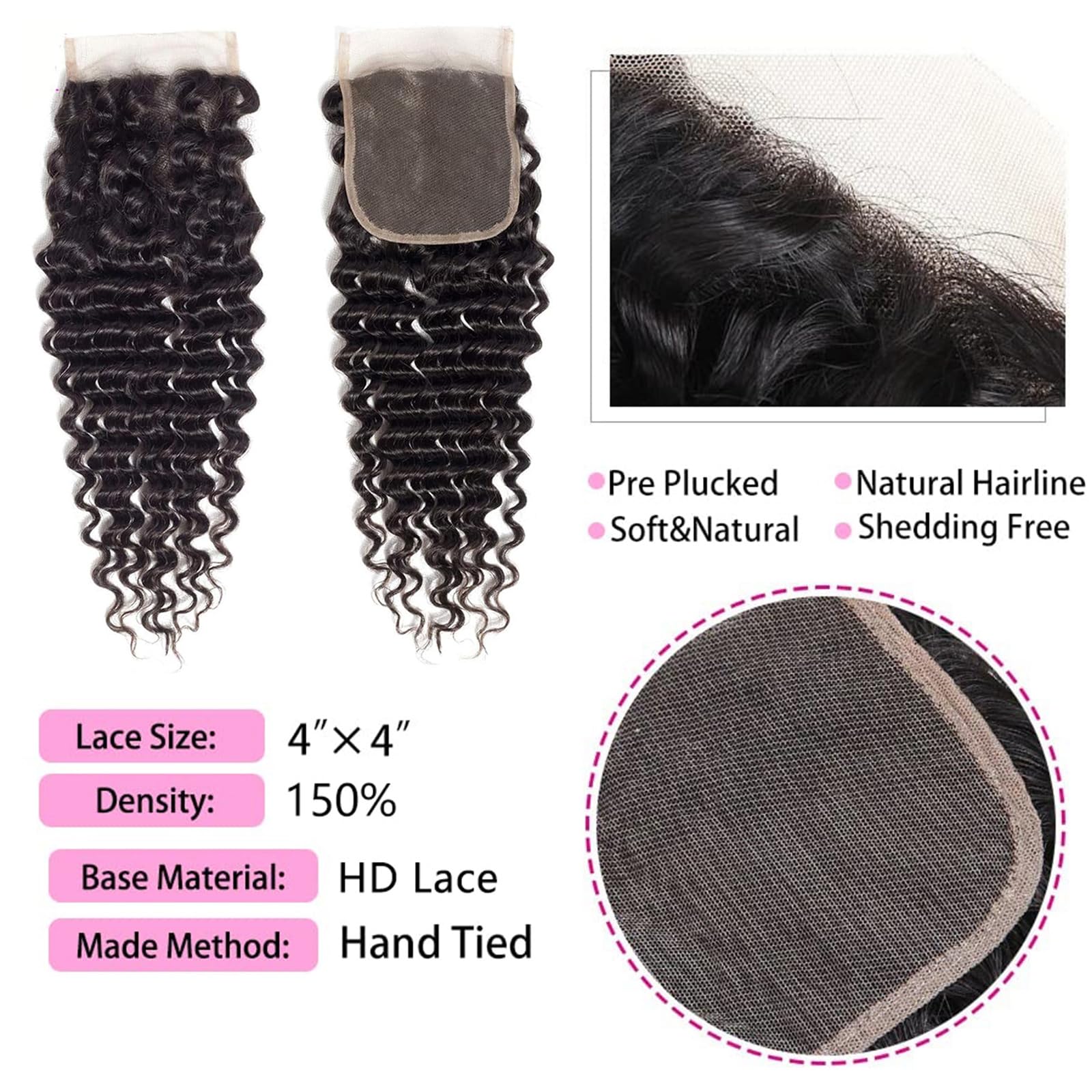 Boopwine 1B natural black deep wave closure for true-length styling