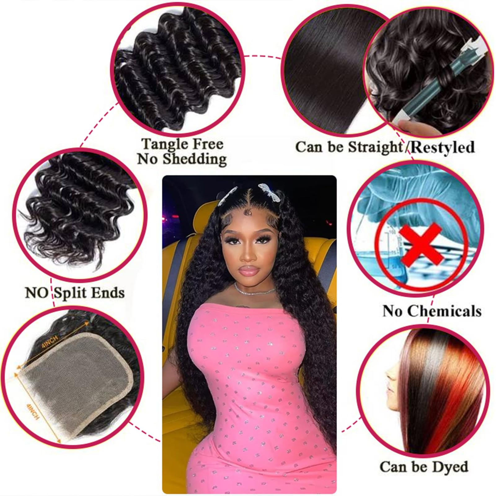 Boopwine versatile 4x4 lace edge supports side, middle, high ponytail