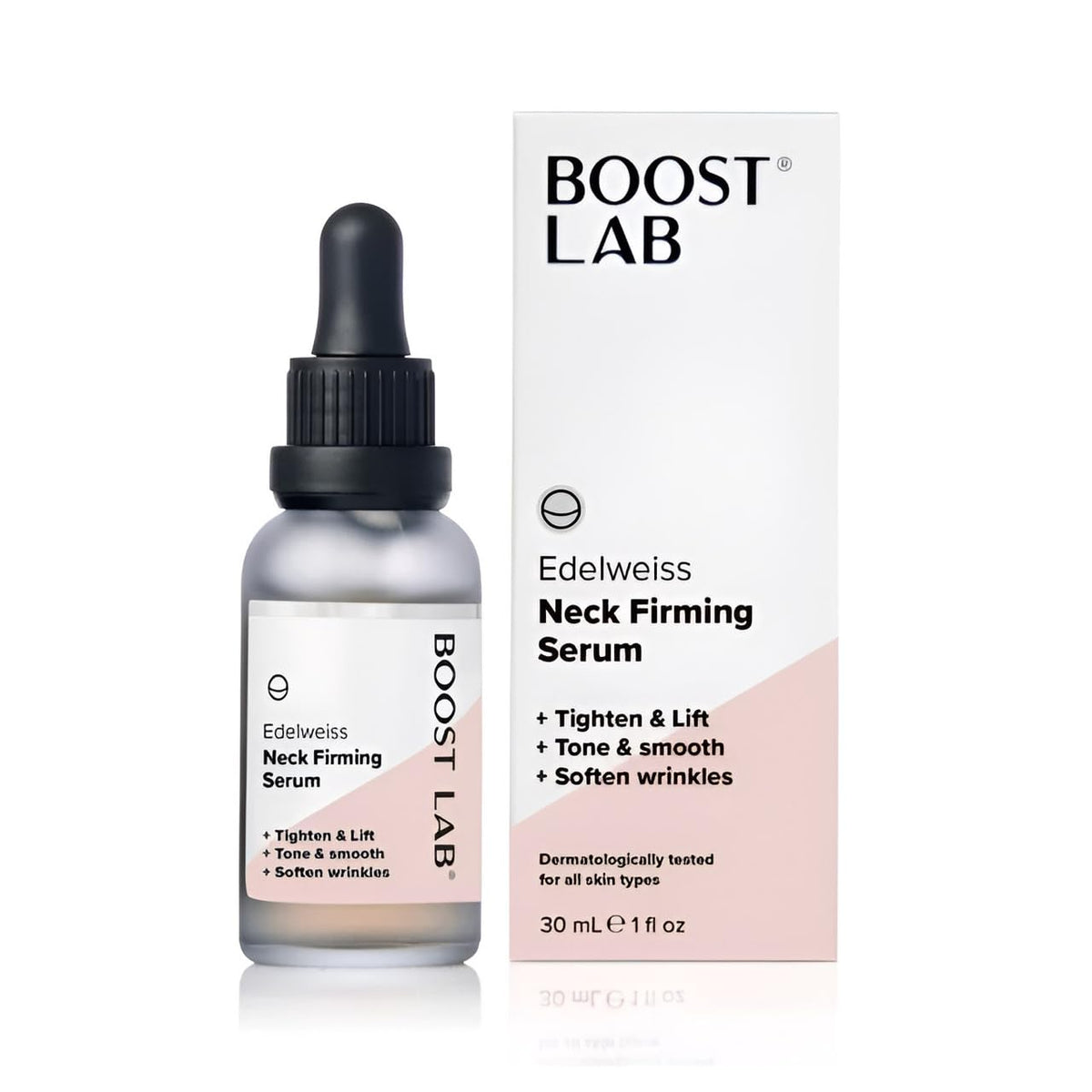 Boost Lab Edelweiss Neck Serum bottle—promotes firmness and smoother neck skin.