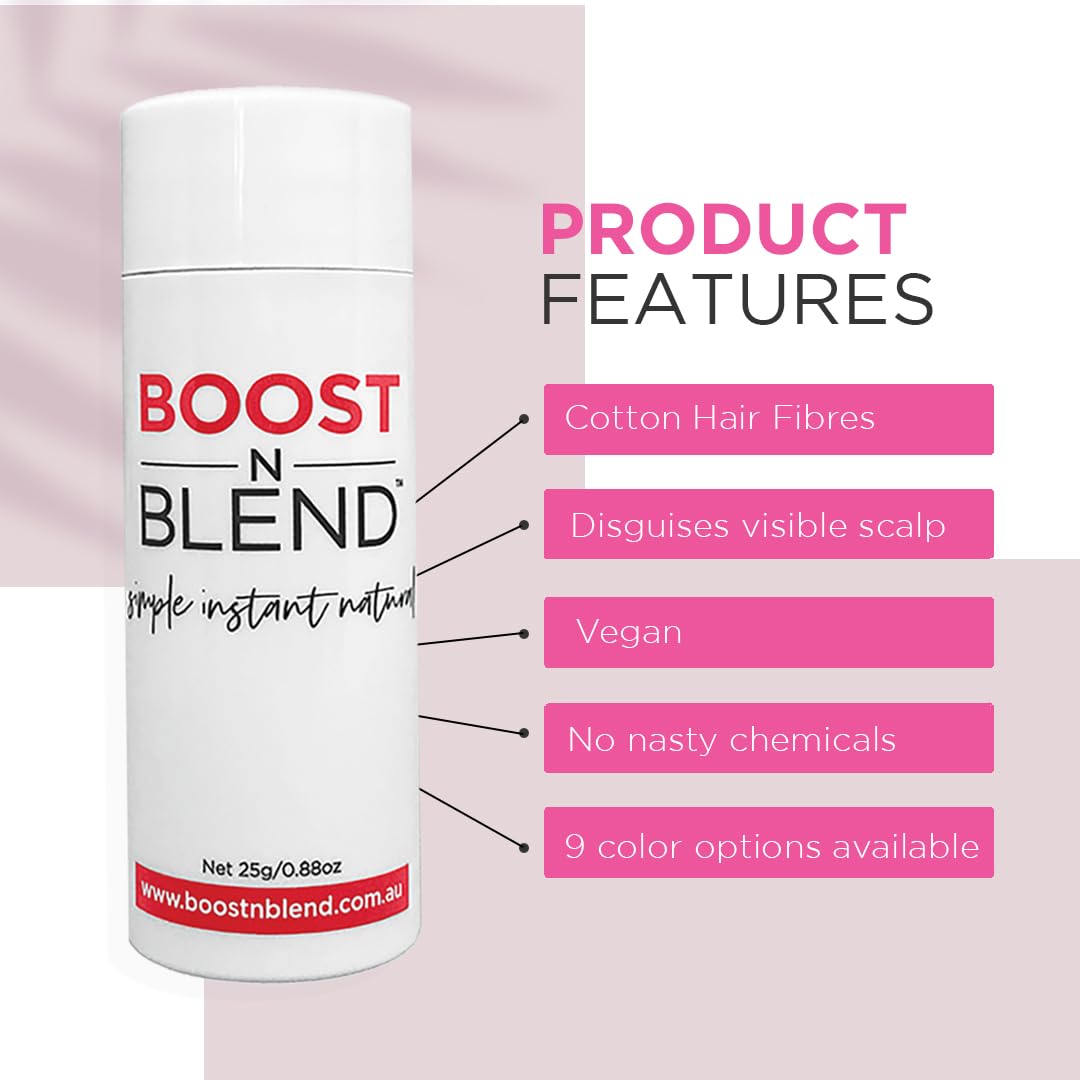 BOOST N BLEND shake-on fibers instantly camouflage scalp and thinning spots.