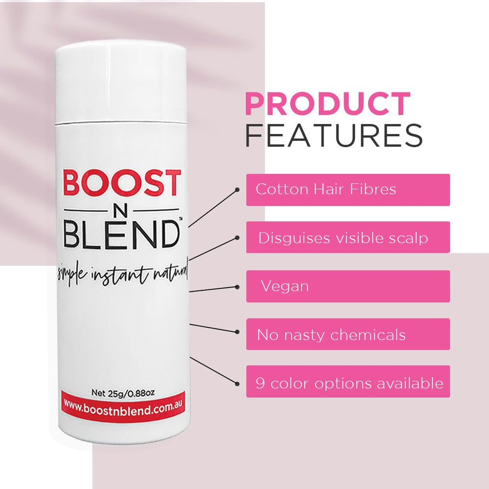 Boost N Blend hair swatch demonstrates color match and coverage for thinning areas.