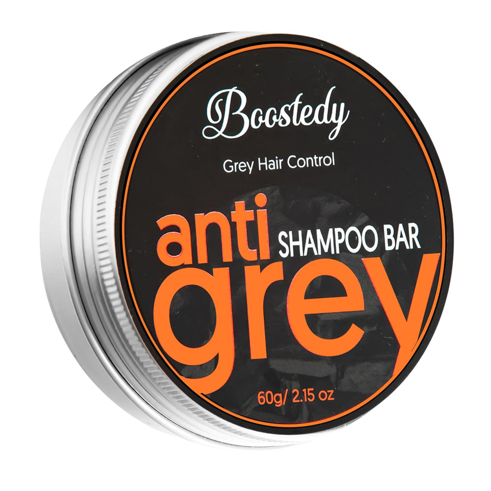 Boostedy Anti Grey Hair Shampoo Bar packaging highlights eco-friendly design and convenience