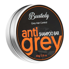 Boostedy Anti Grey Hair Shampoo Bar packaging highlights eco-friendly design and convenience