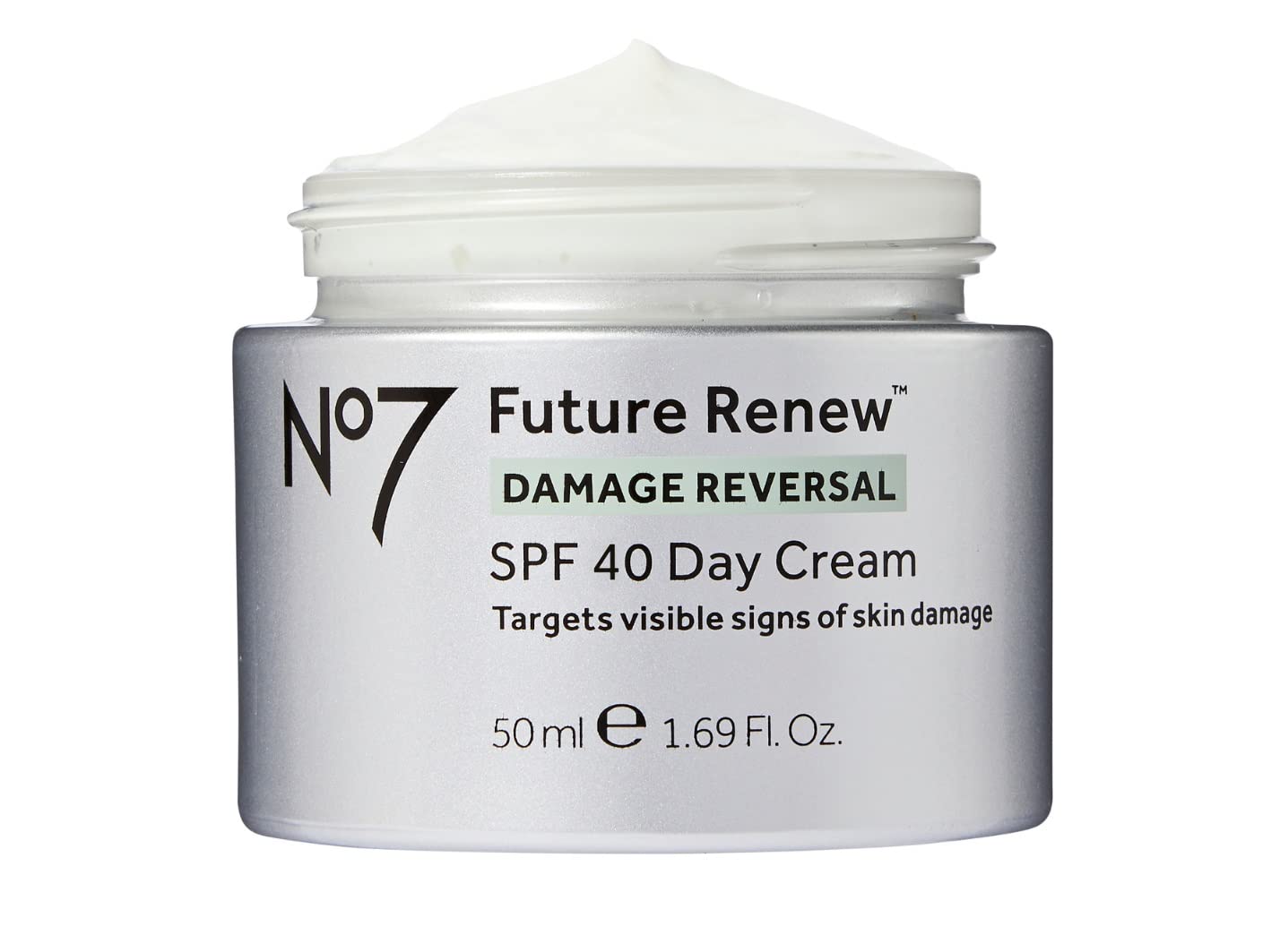 Boots No7 Future Renew Day Cream SPF40 jar highlighting anti-damage repair and UV protection.