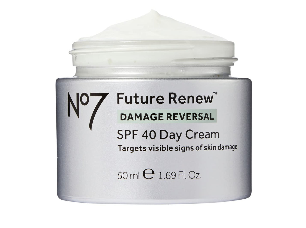 Boots No7 Future Renew Day Cream SPF40 jar highlighting anti-damage repair and UV protection.