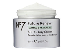 Boots No7 Future Renew Day Cream SPF40 jar highlighting anti-damage repair and UV protection.
