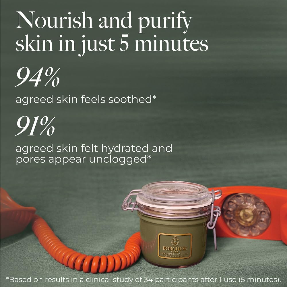 Borghese face mask application illustration demonstrating cleansing action and pore refinement.