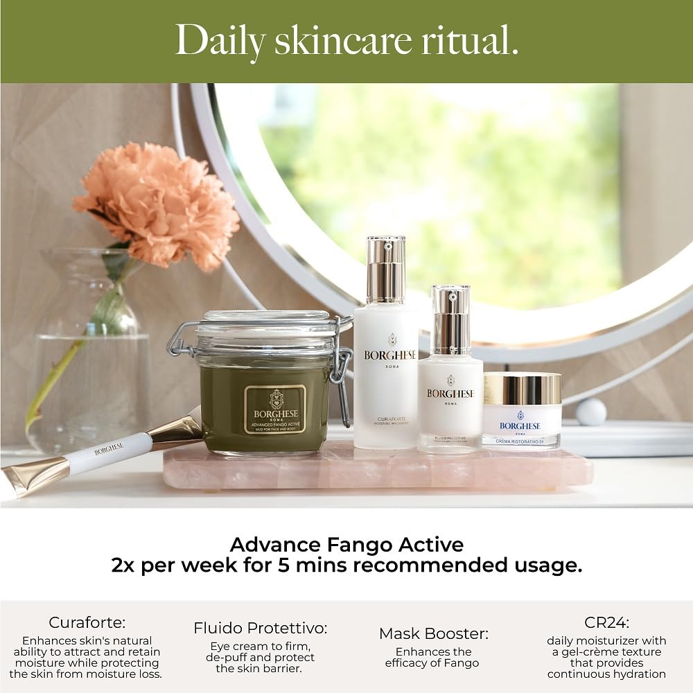Borghese mask applied on the face during routine for refined pores.