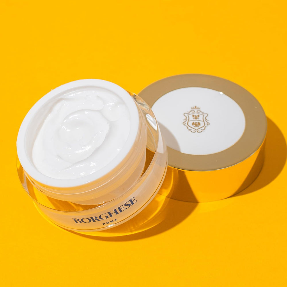 Closeup of Borghese Restorative Eye Cream highlighting hyaluronic hydration