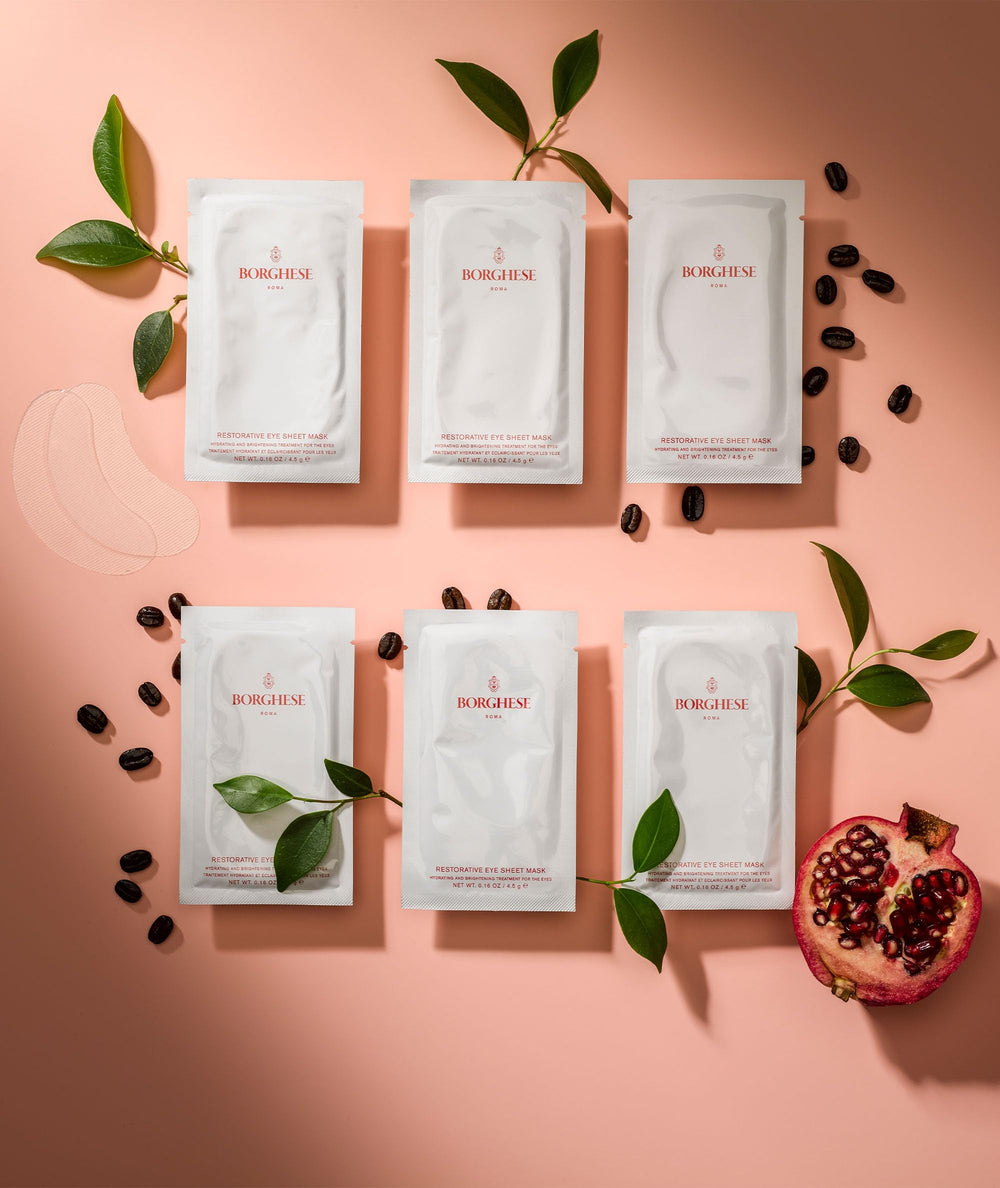 Borghese Restorative Eye Mask with acai and avocado smooths and firms under-eye skin.