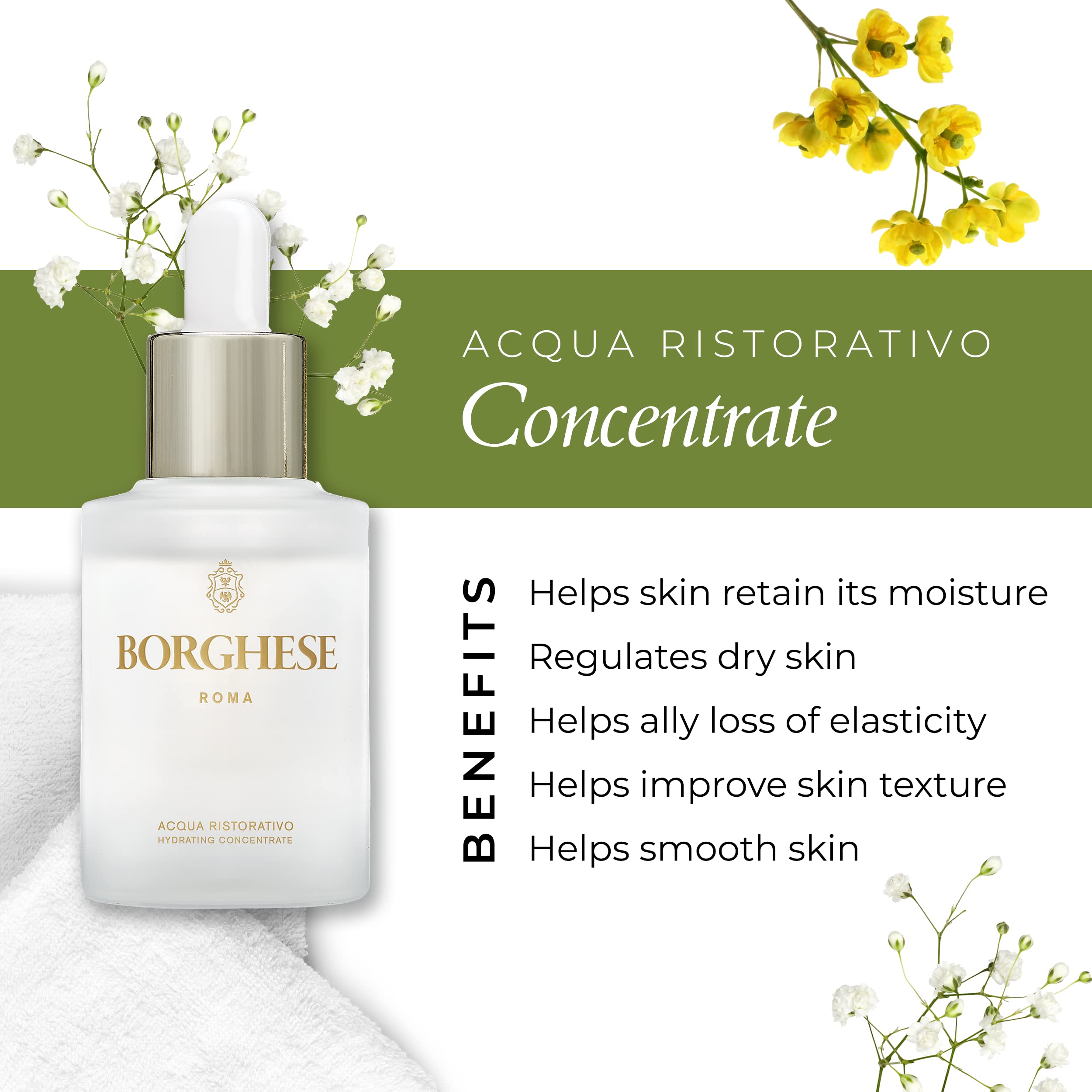Borghese serum highlights key ingredients: hyaluronic acid and watermelon extract