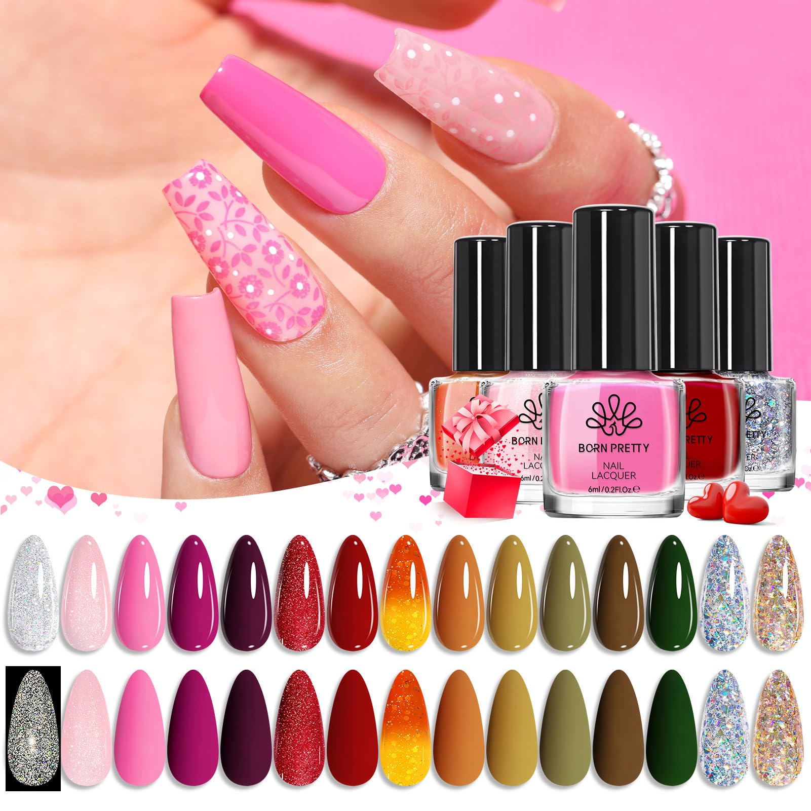 Born Pretty 15 colors nail polish set color swatches for quick, glossy coverage