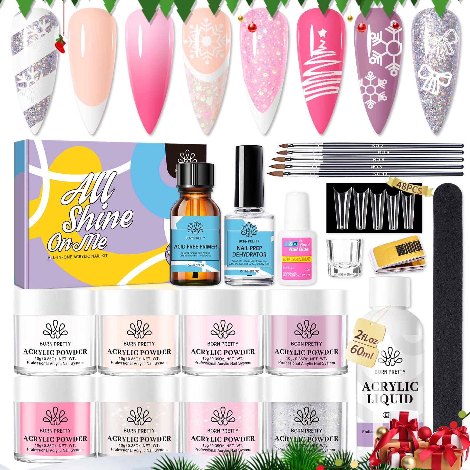 Born Pretty 87pc acrylic powders in white, pink and glitter for varied looks.