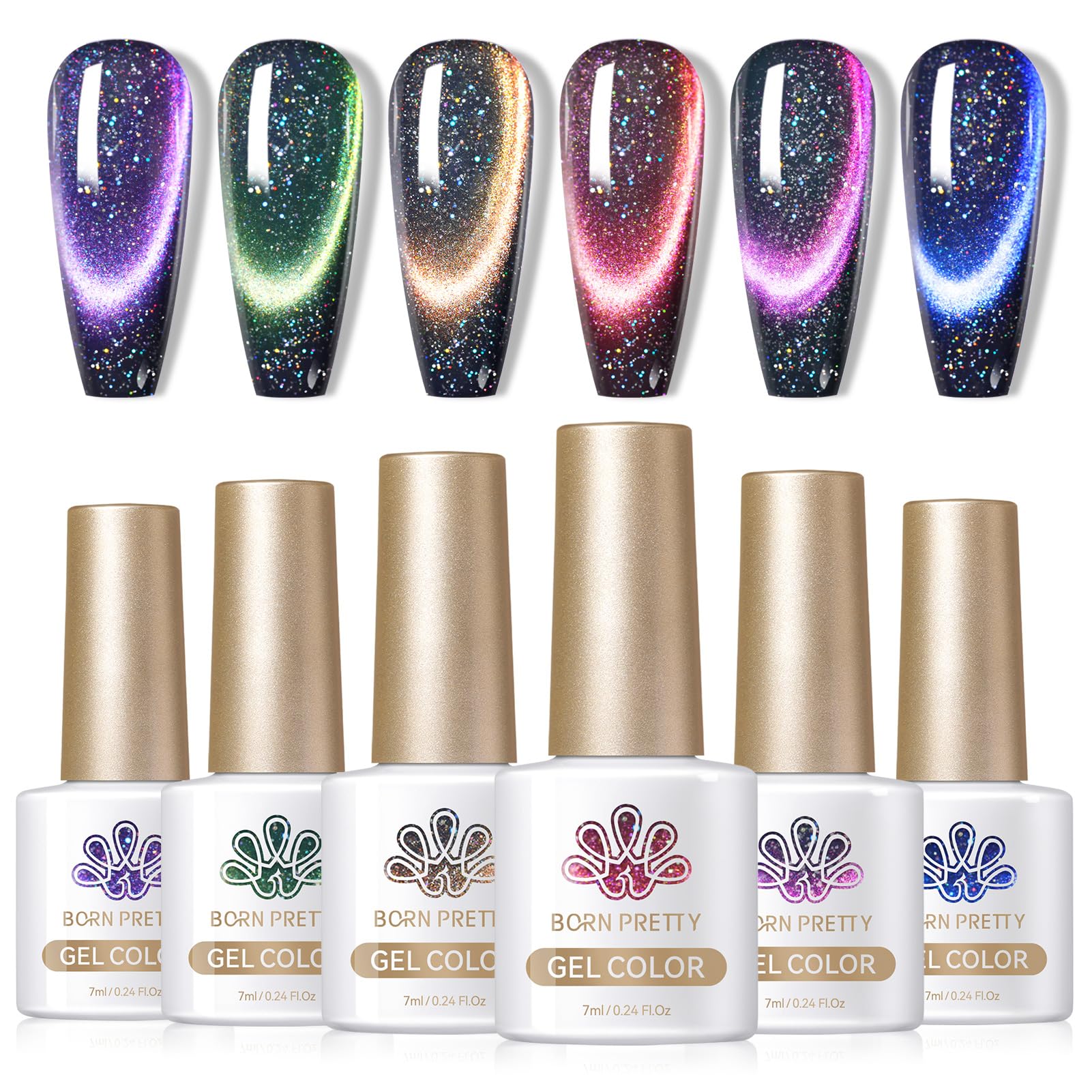 Born Pretty 9D Cat Magnetic Gel Polish set packshot showing six vivid shades and long-lasting shine.