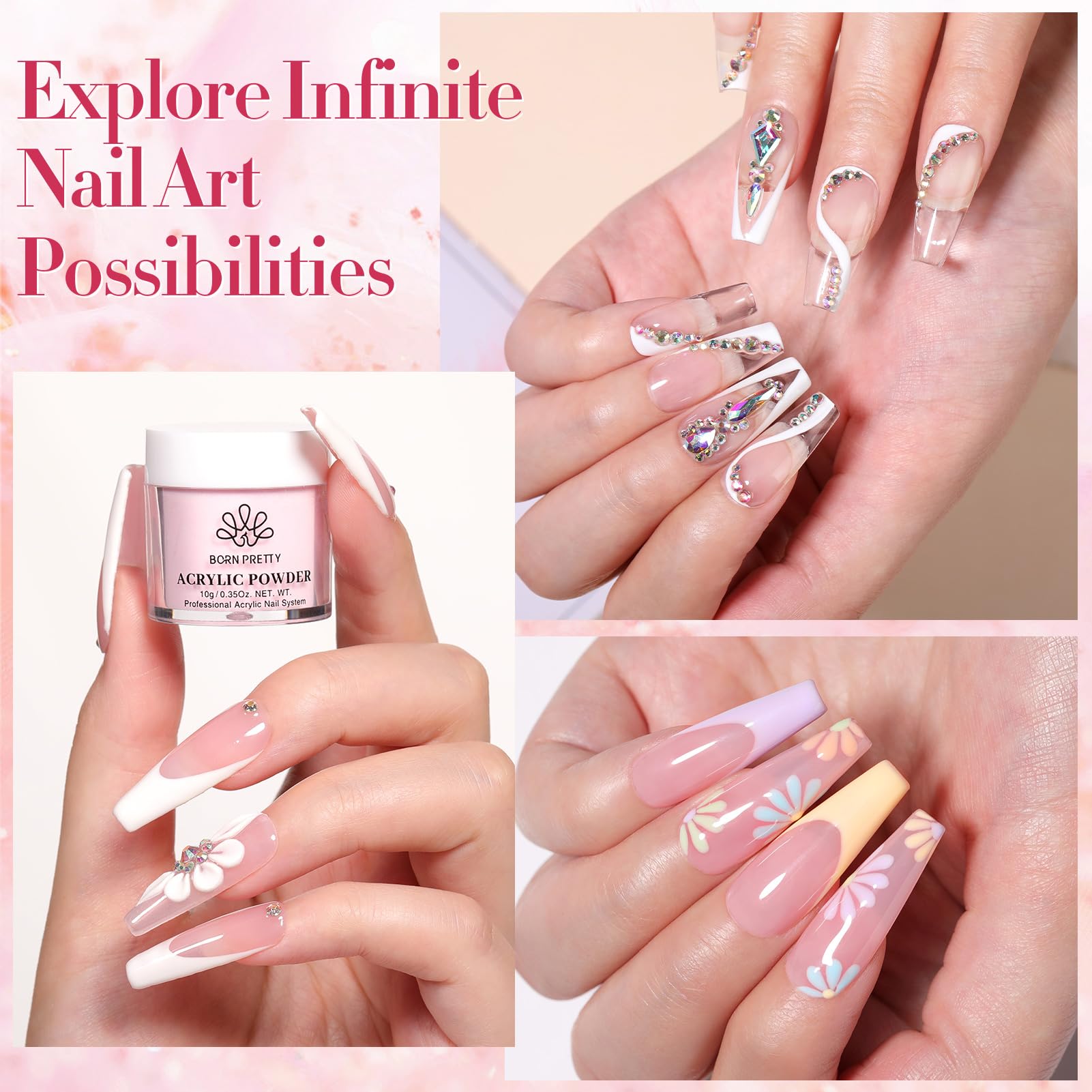 Born Pretty acrylic nail kit pink powder bottle for natural-toned nails