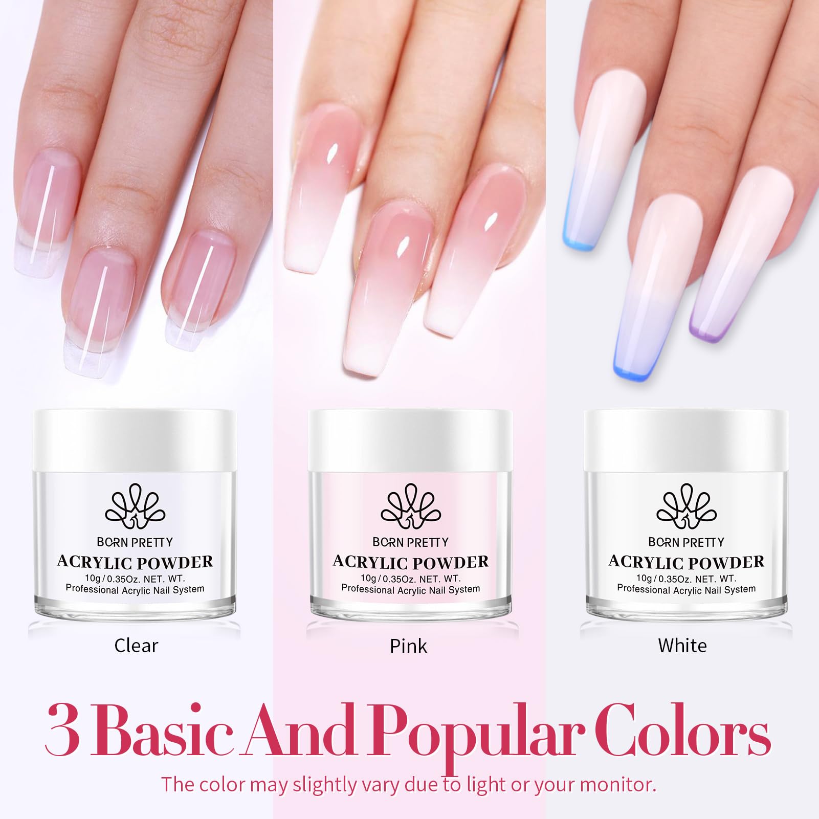 Born Pretty acrylic nail kit white powder bottle for clean, crisp tips