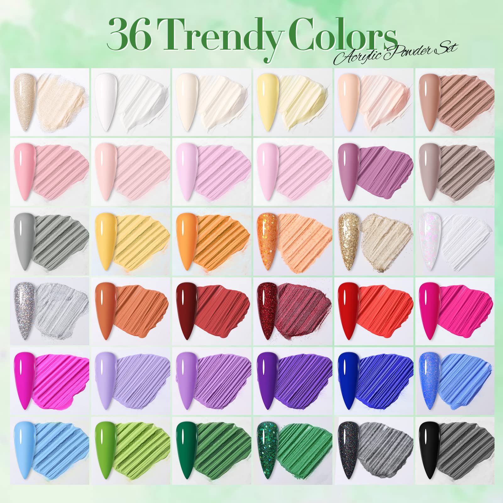 Born Pretty acrylic powder 36 colors bottle closeup, vibrant hues for quick salon looks.