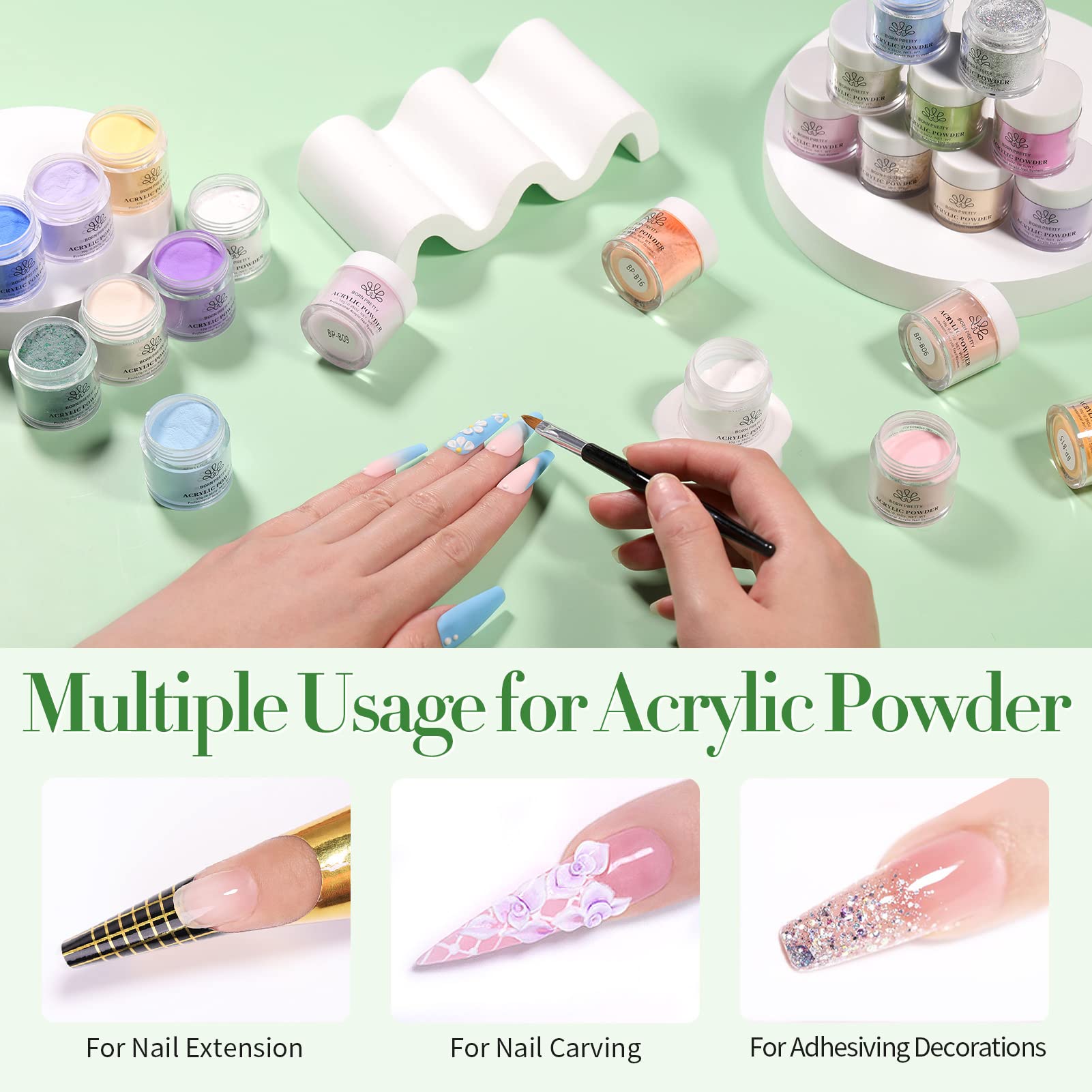 Born Pretty nude pink acrylic powder, soft tones for natural-looking extensions.