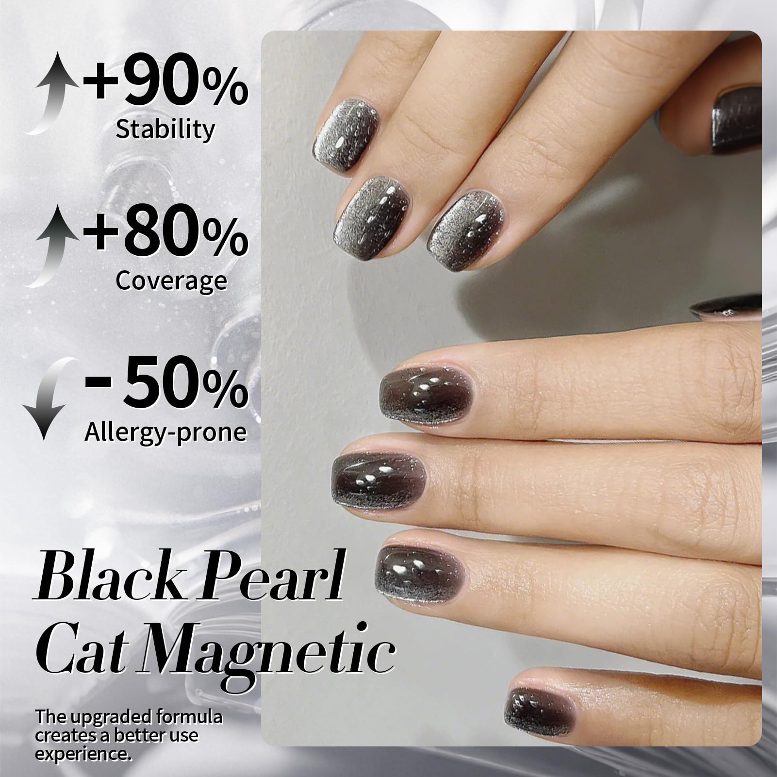 Born Pretty Black Pearl Glitter Cat Magnetic Gel on nails.