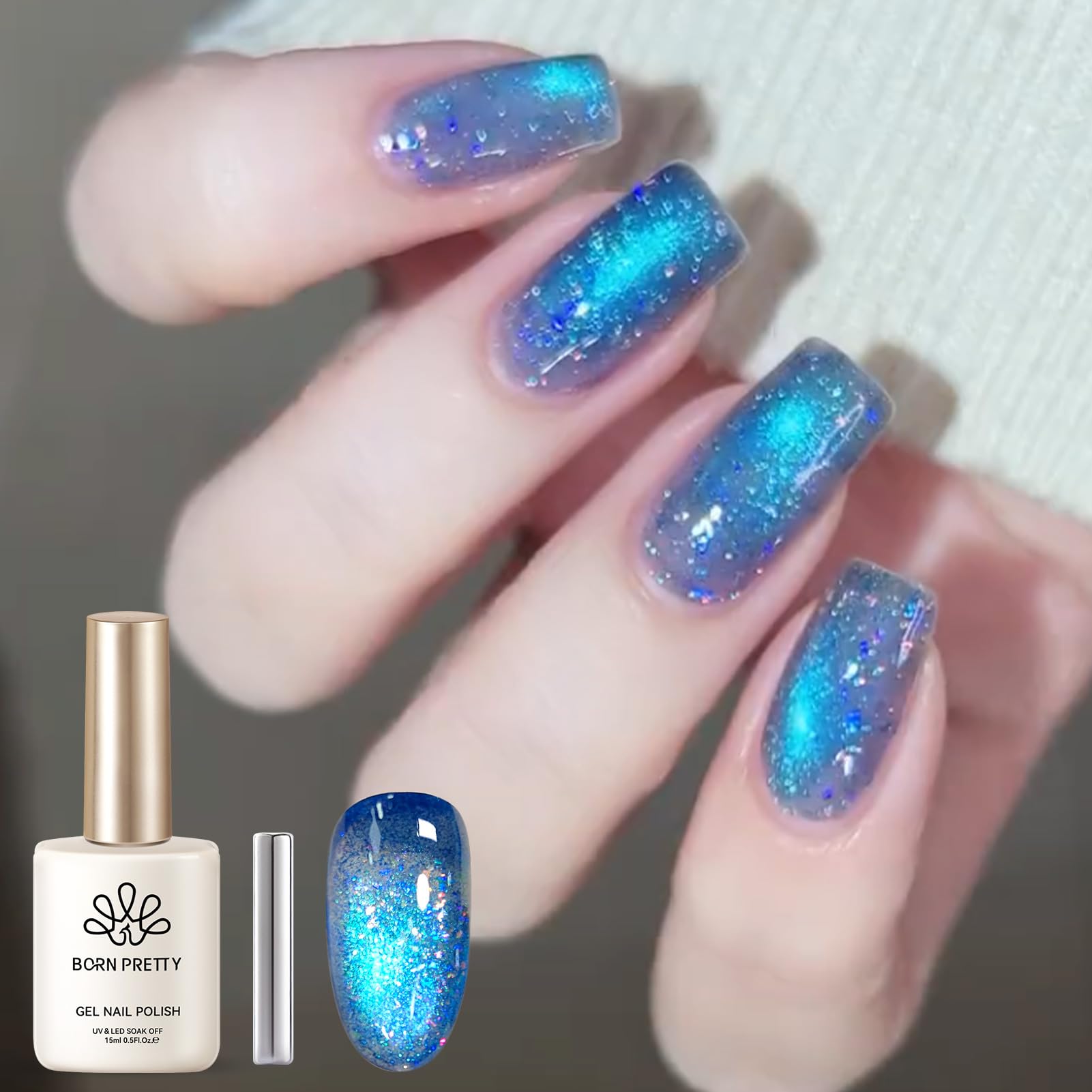 Born Pretty blue cat-eye magnetic gel polish showcasing depth and shimmer