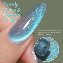 Born Pretty Blue Cat Magnetic Eye Gel Polish closeup reveals magnetic particle patterns.