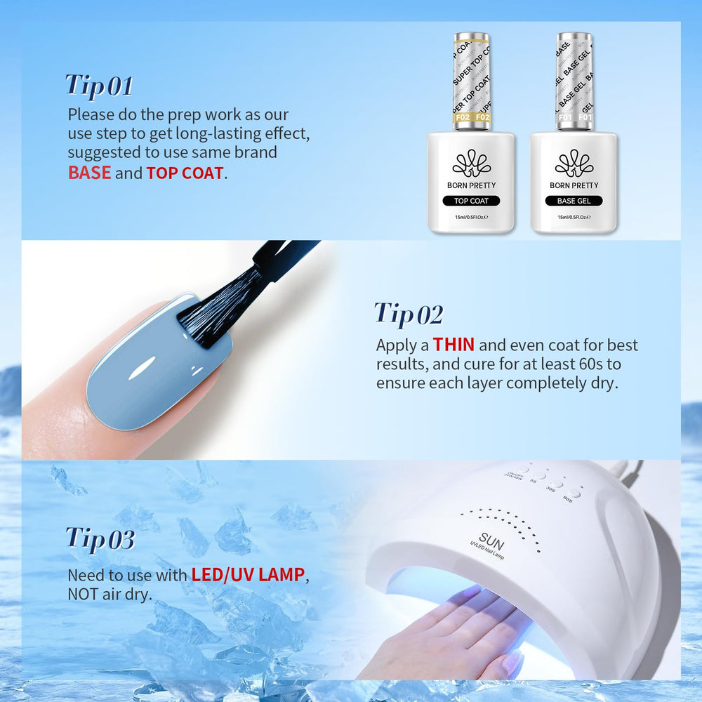 Born Pretty blue gel nail polish set ready for at-home manicure application.