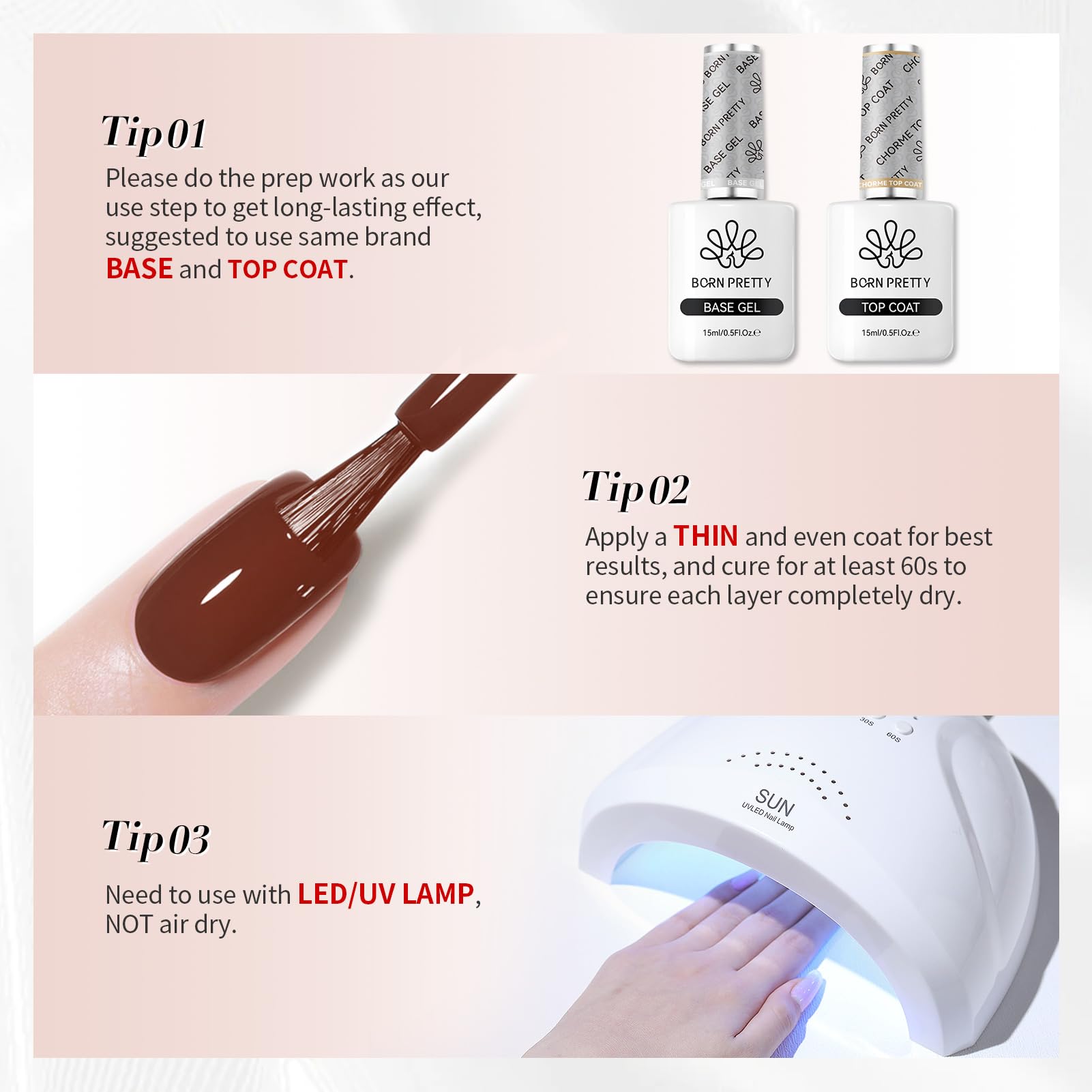 Born Pretty base and top coat steps ensure best results with Brown Chocolate gel polish