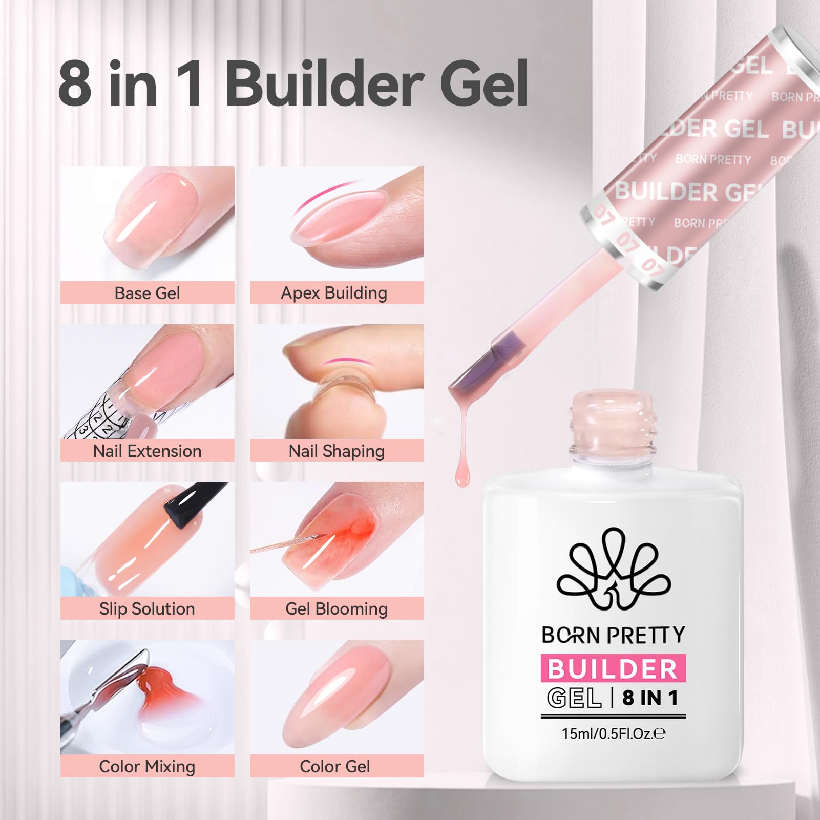 Close-up of Born Pretty gel apex builder formula for strong extensions