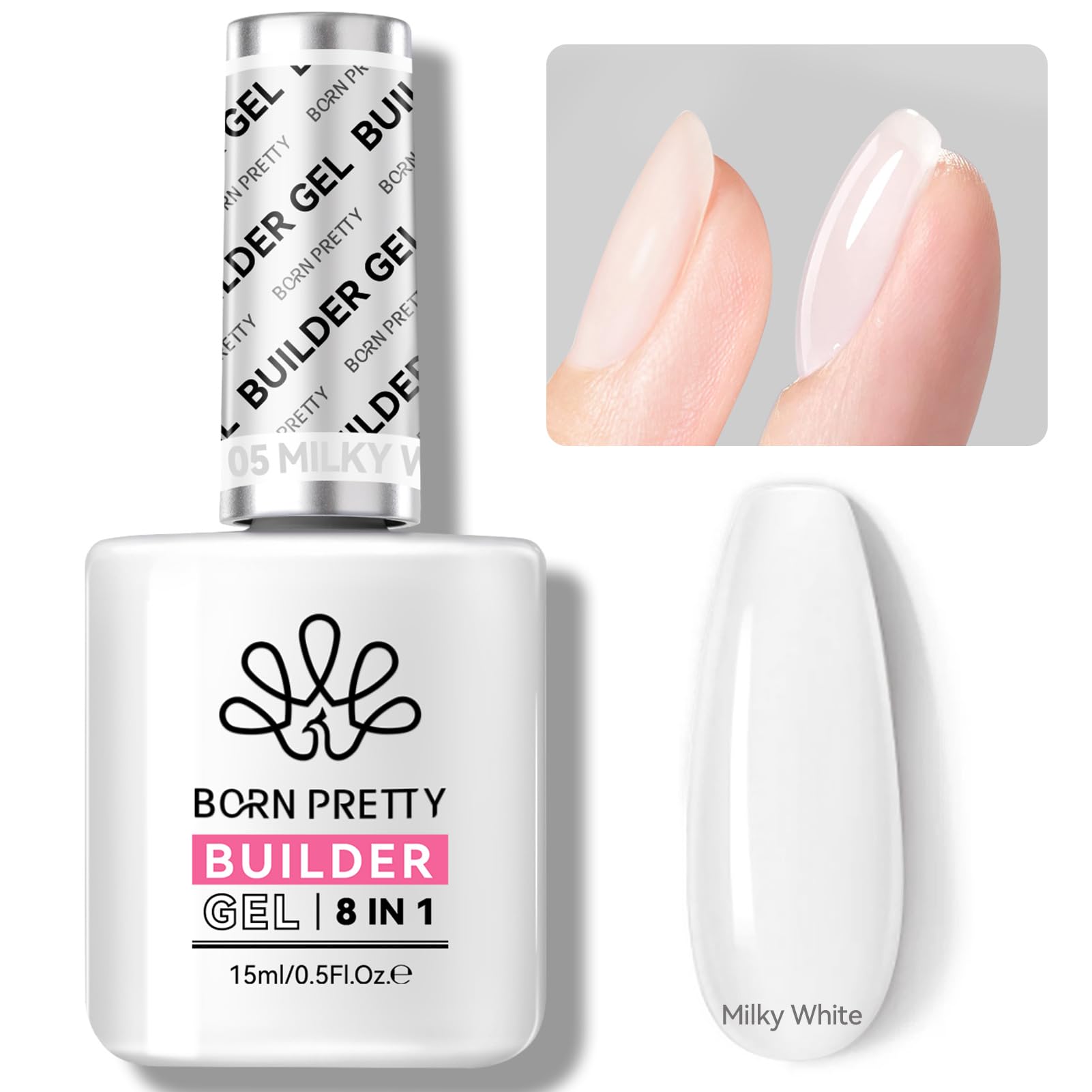 Born Pretty Builder Gel milky-white bottle shows versatile base and apex building use.