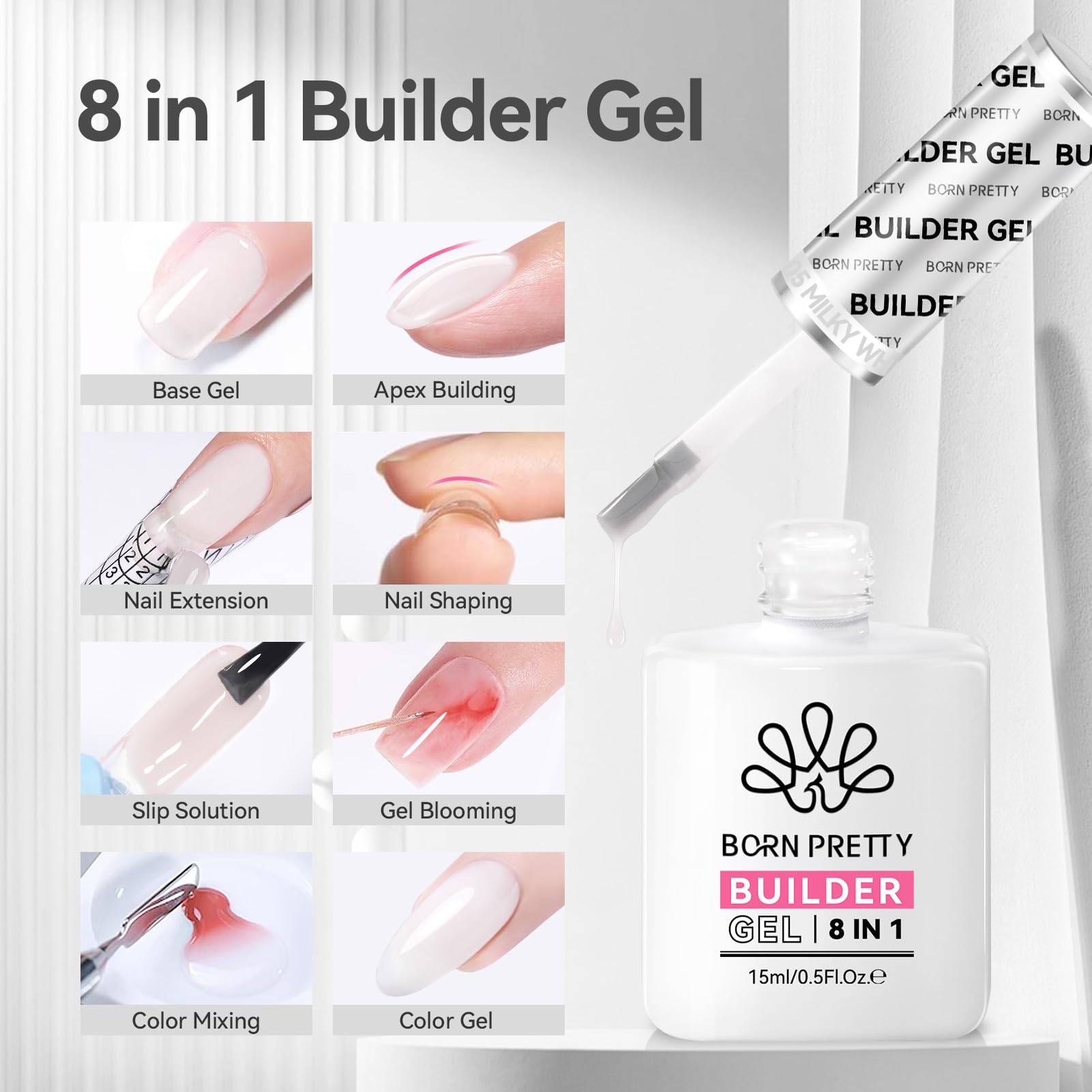 Born Pretty Builder Gel swatch demonstrates extension capability with milky tone.