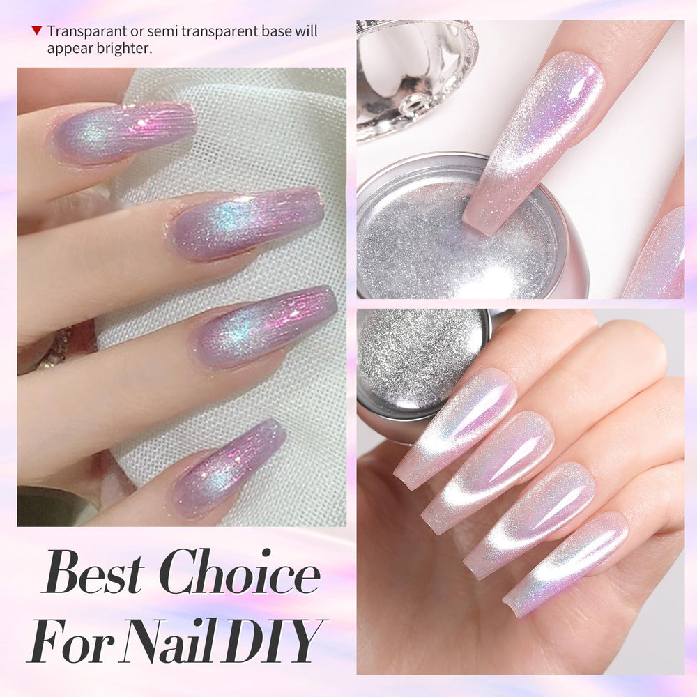 Chameleon color shift of Born Pretty nail powder under varying light angles.